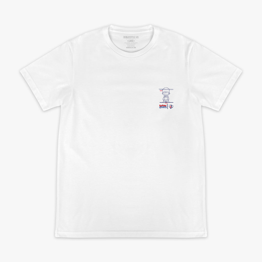 White t-shirt with a small Pablo Sanchez 
graphic on a white background