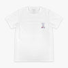 White t-shirt with a small Pablo Sanchez 
graphic on a white background