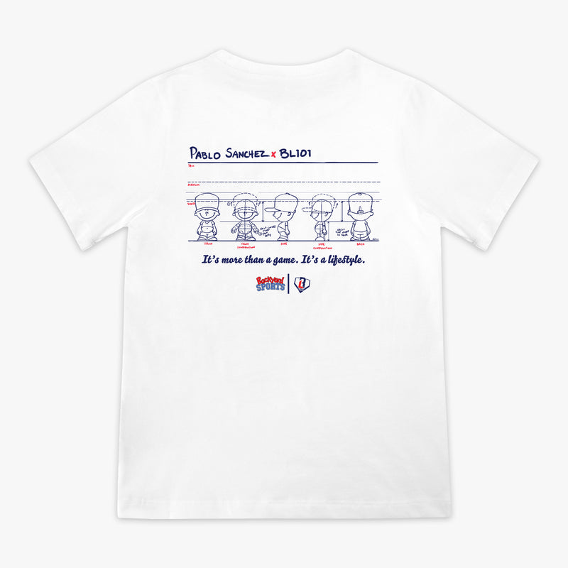 White t-shirt with Pablo Sanchez graphic design and Pablo Sanchez x BL101 text on a white background