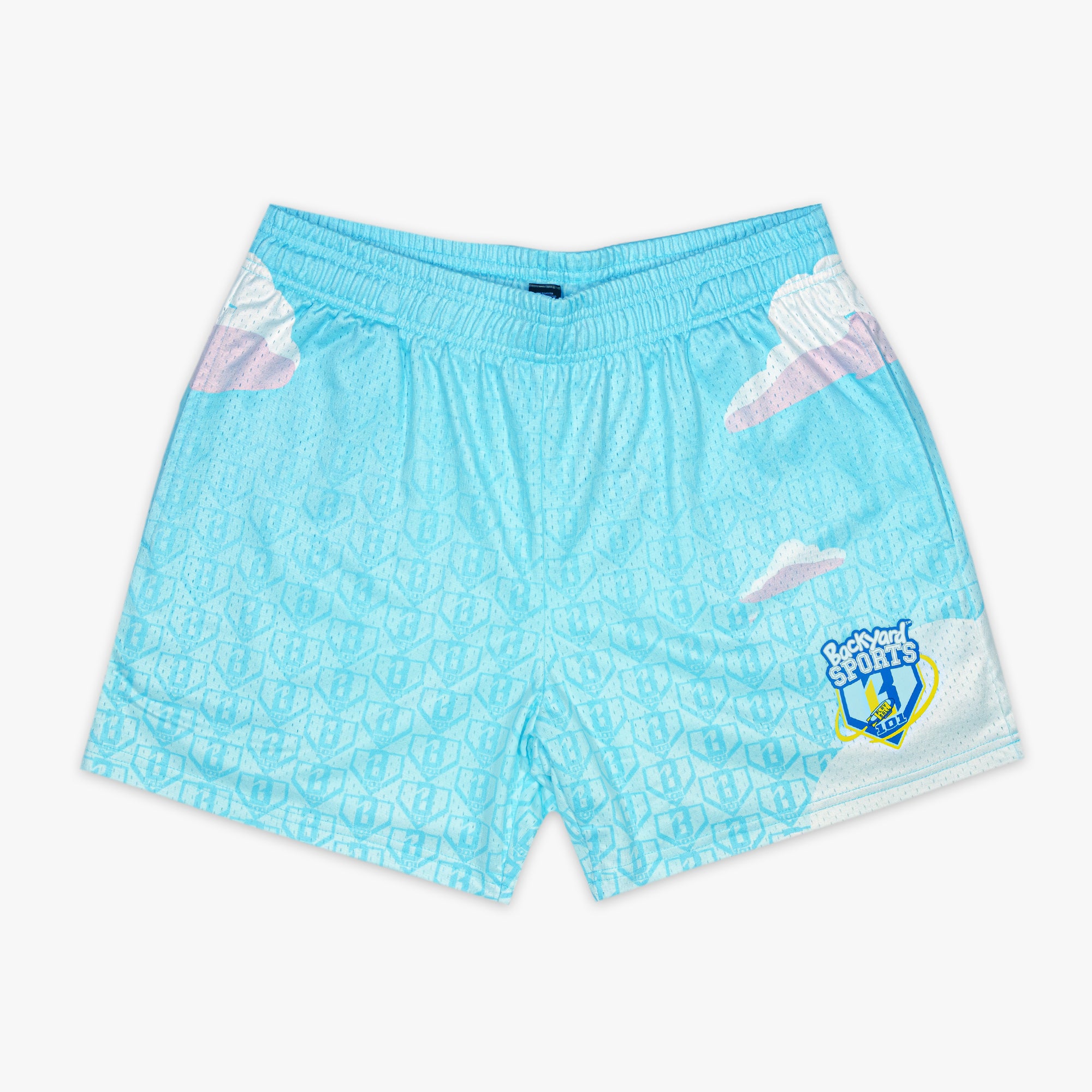 Light blue shorts with cloud pattern and BL101 logo on a white background
