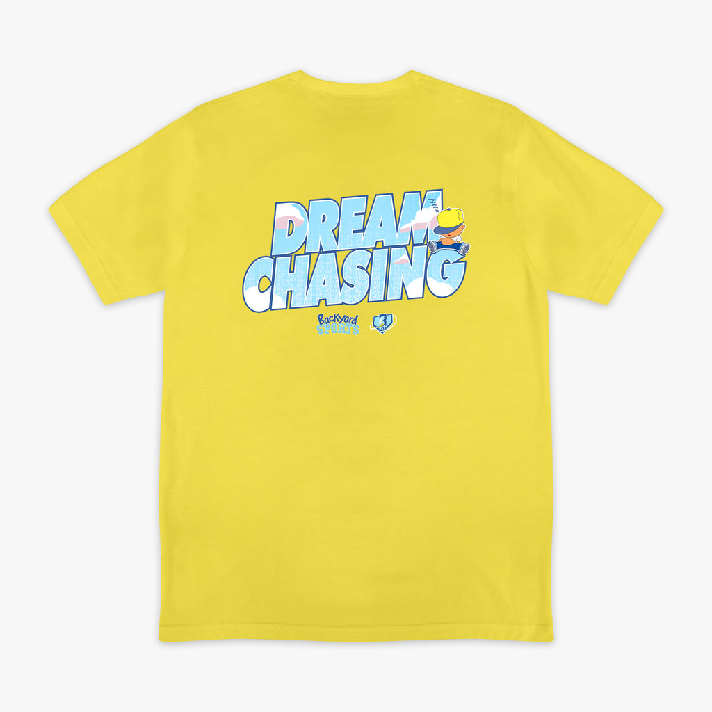 Yellow t-shirt with 'Dream Chasing' text and Pablo Sanchez design on a white background