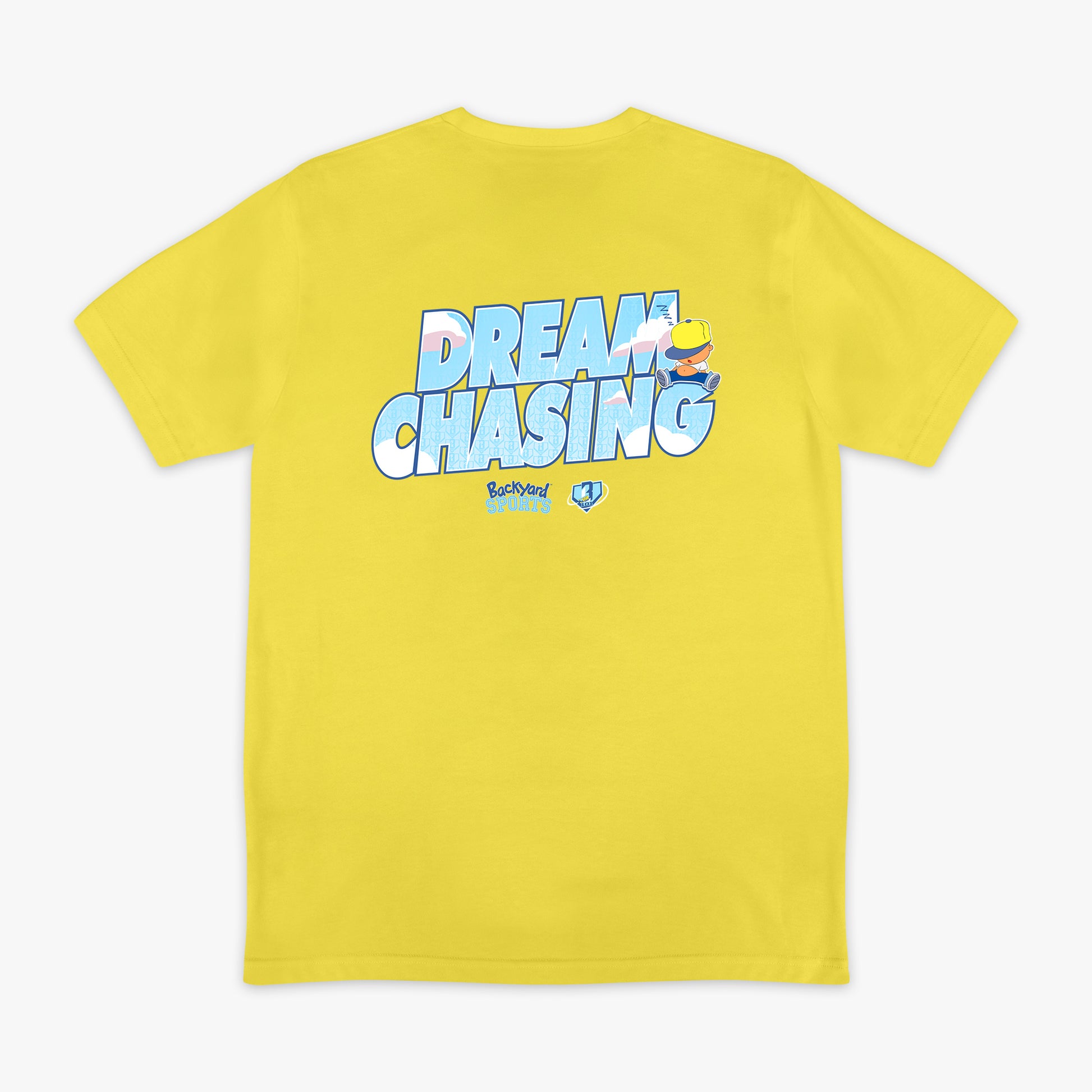 Yellow t-shirt with 'Dream Chasing' text and Pablo Sanchez design on a white background