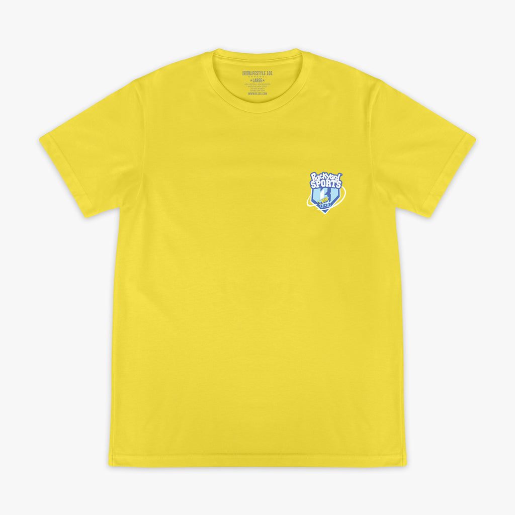 Yellow t-shirt with a 'Backyard Sports' BL101 logo on the chest against a white background