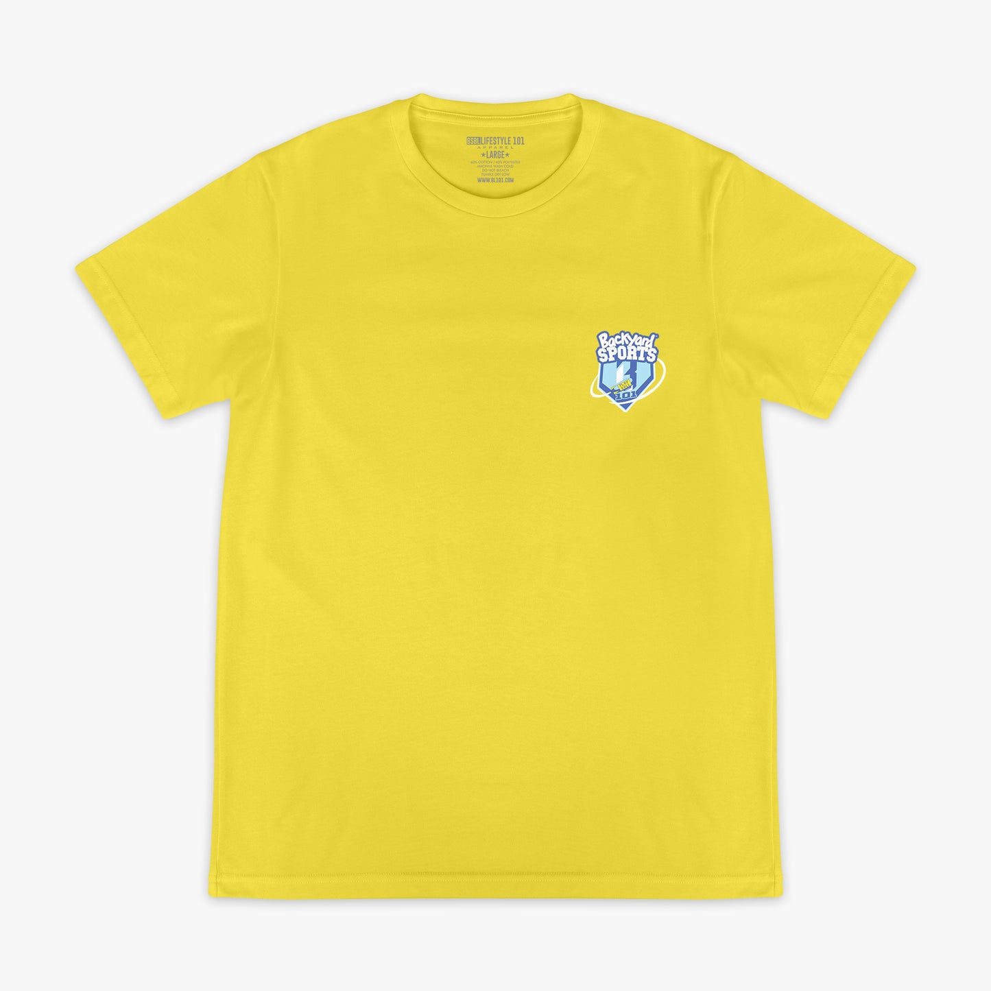 Yellow t-shirt with a 'Backyard Sports' BL101 logo on the chest against a white background