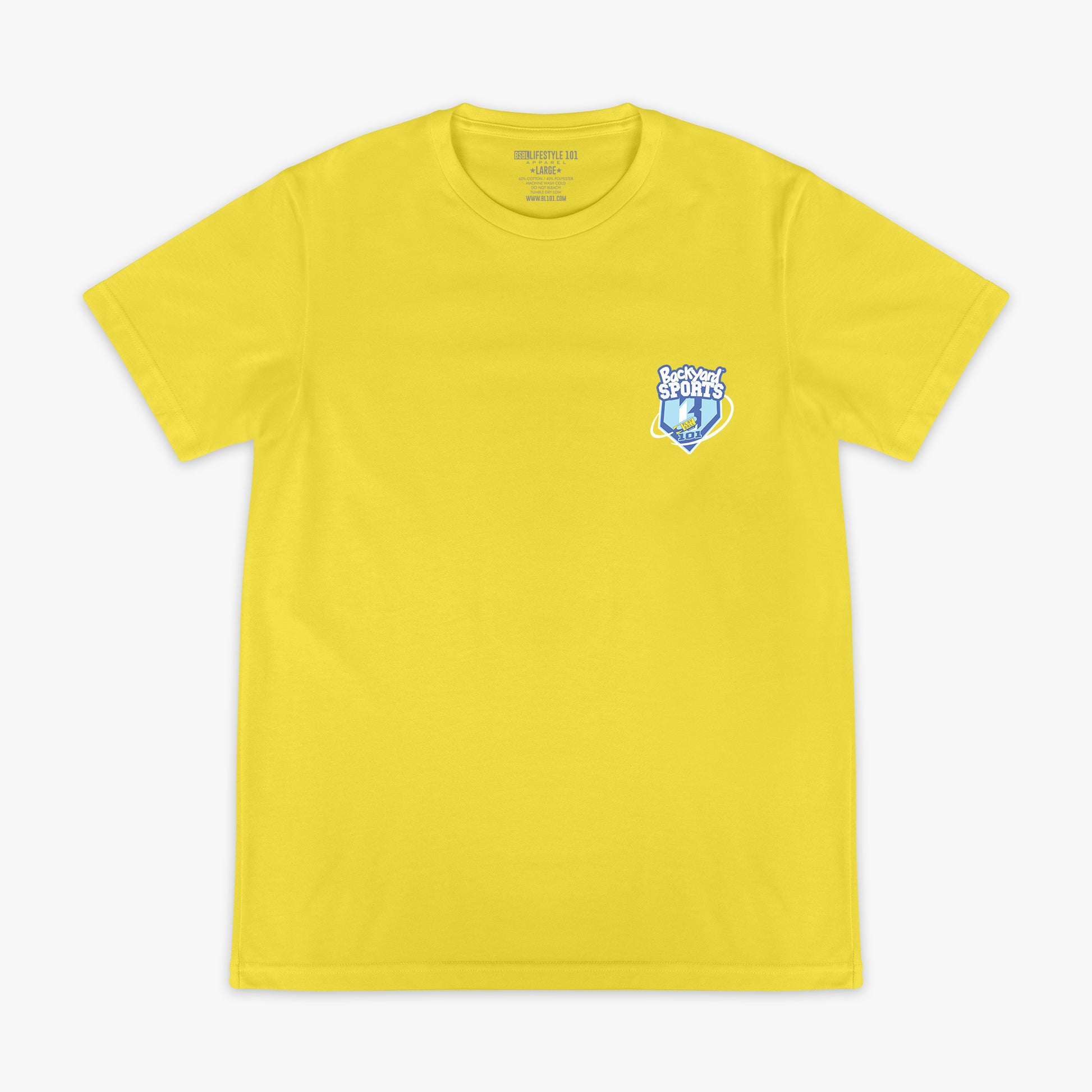 Yellow t-shirt with a 'Backyard Sports' BL101 logo on the chest against a white background