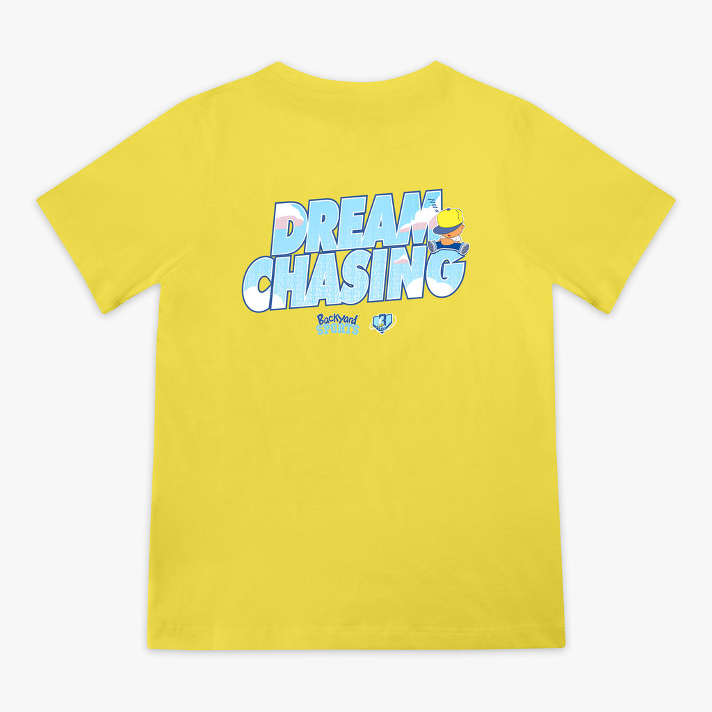 Yellow t-shirt with 'Dream Chasing' text and Pablo Sanchez design on a white background