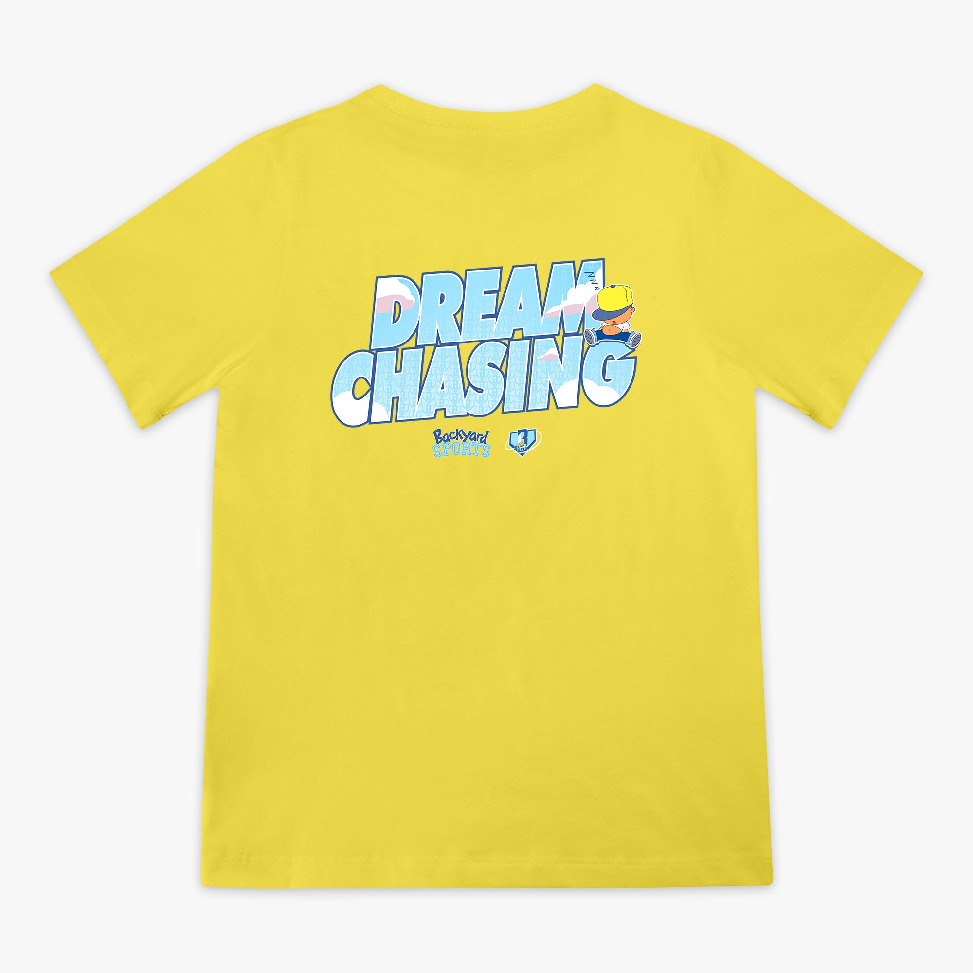 Yellow t-shirt with 'Dream Chasing' text and Pablo Sanchez design on a white background