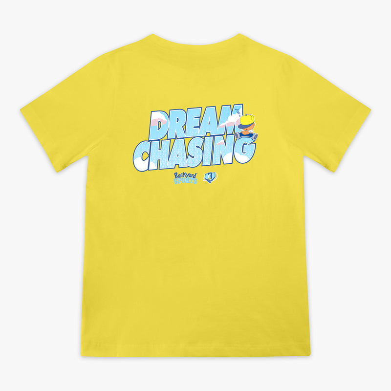 Yellow t-shirt with 'Dream Chasing' text and Pablo Sanchez design on a white background