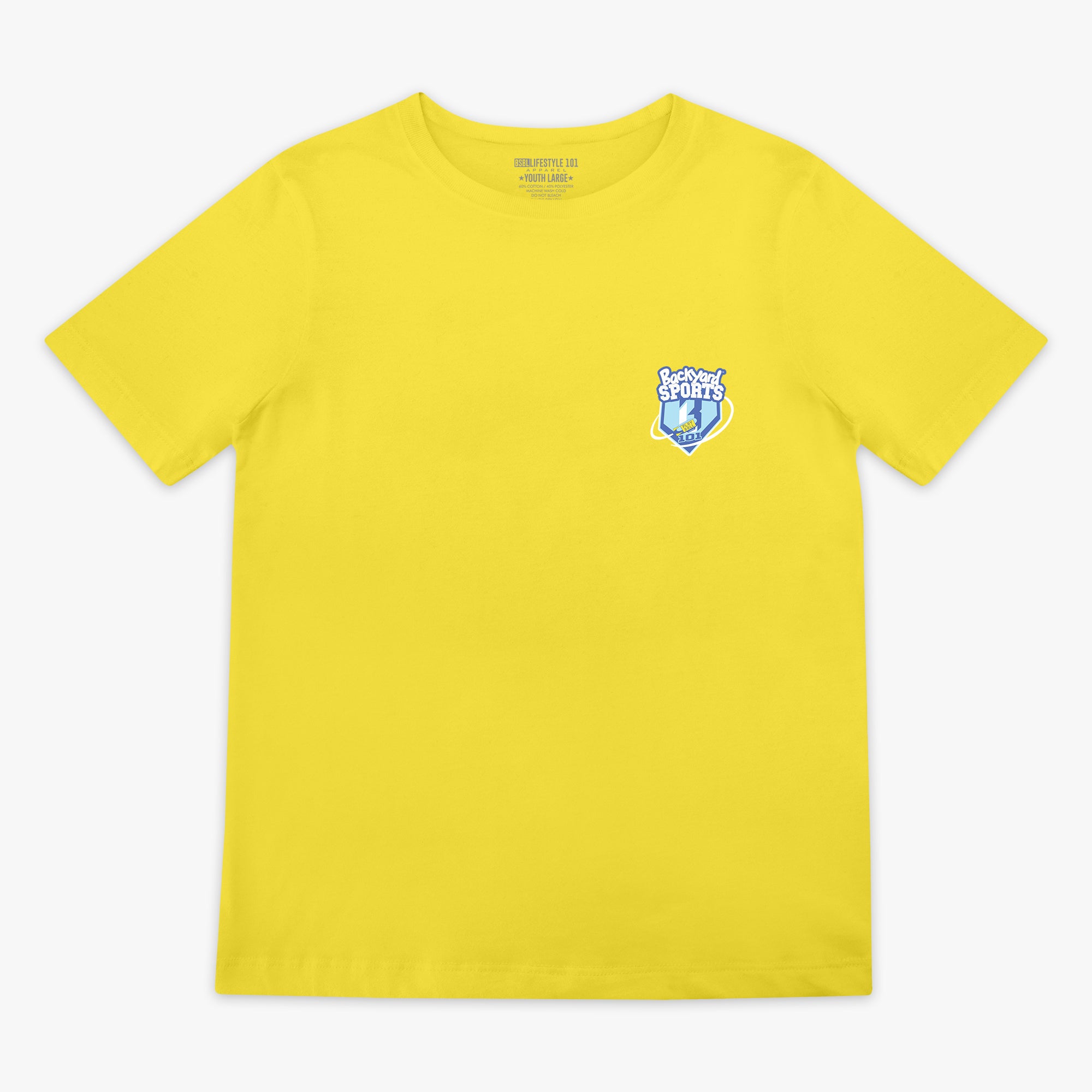 Yellow t-shirt with a 'Backyard Sports' BL101 logo on the chest against a white background