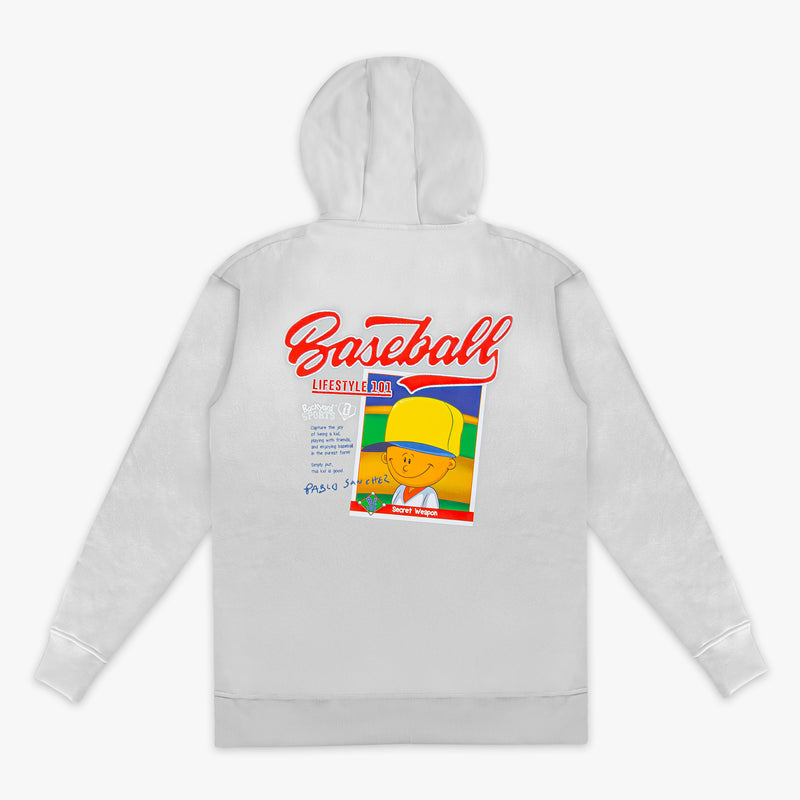 Gray hoodie with a colorful Pablo Sanchez graphic on the back featuring 'Baseball Lifestyle' text.