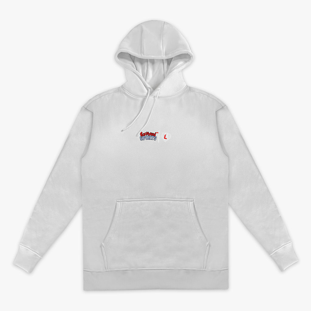 Gray hoodie with a small red and white 'Backyard Sports' and 'BL101' logo on a white background