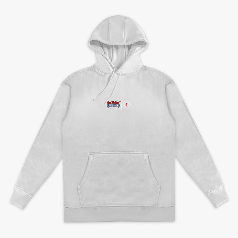 Gray hoodie with a small red and white 'Backyard Sports' and 'BL101' logo on a white background