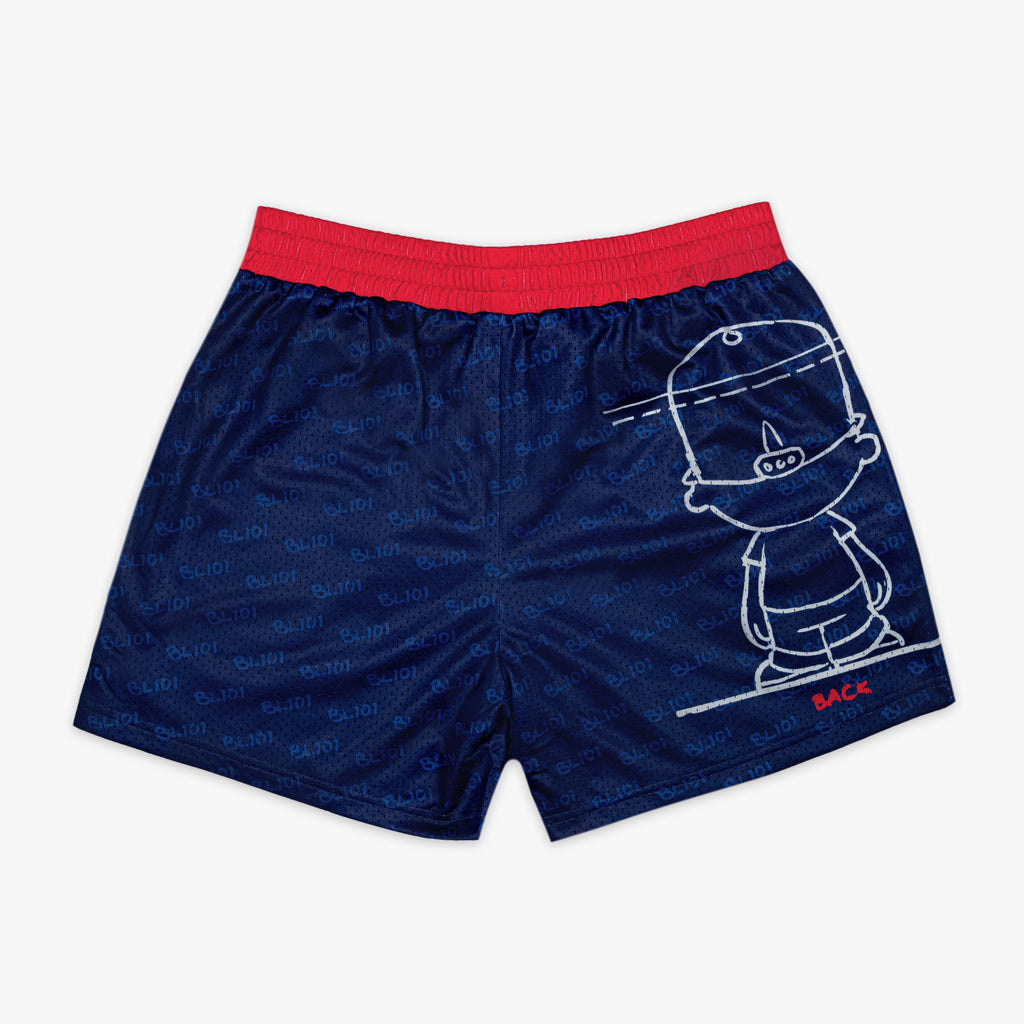Navy blue shorts with red waistband and back of Pablo Sanchez design on a white background