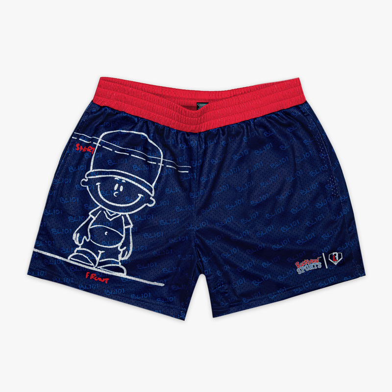 Navy blue shorts with red waistband featuring Pablo Sanchez character on a white background 