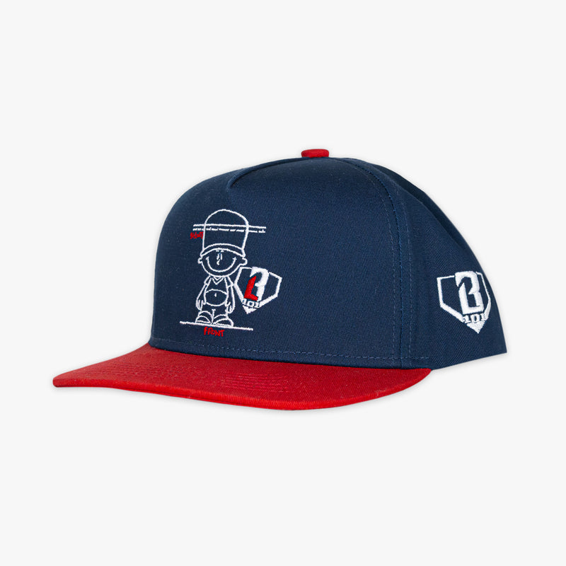 Navy and red cap with a Pablo Sanchez on front and BL101 logo 