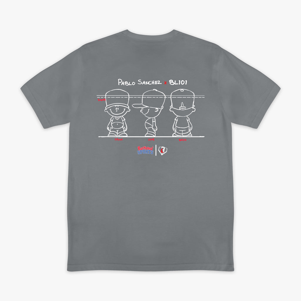 Gray t-shirt with a Pablo Sanchez graphic design on the back featuring 'Pablo Sanchez x BL101' text.