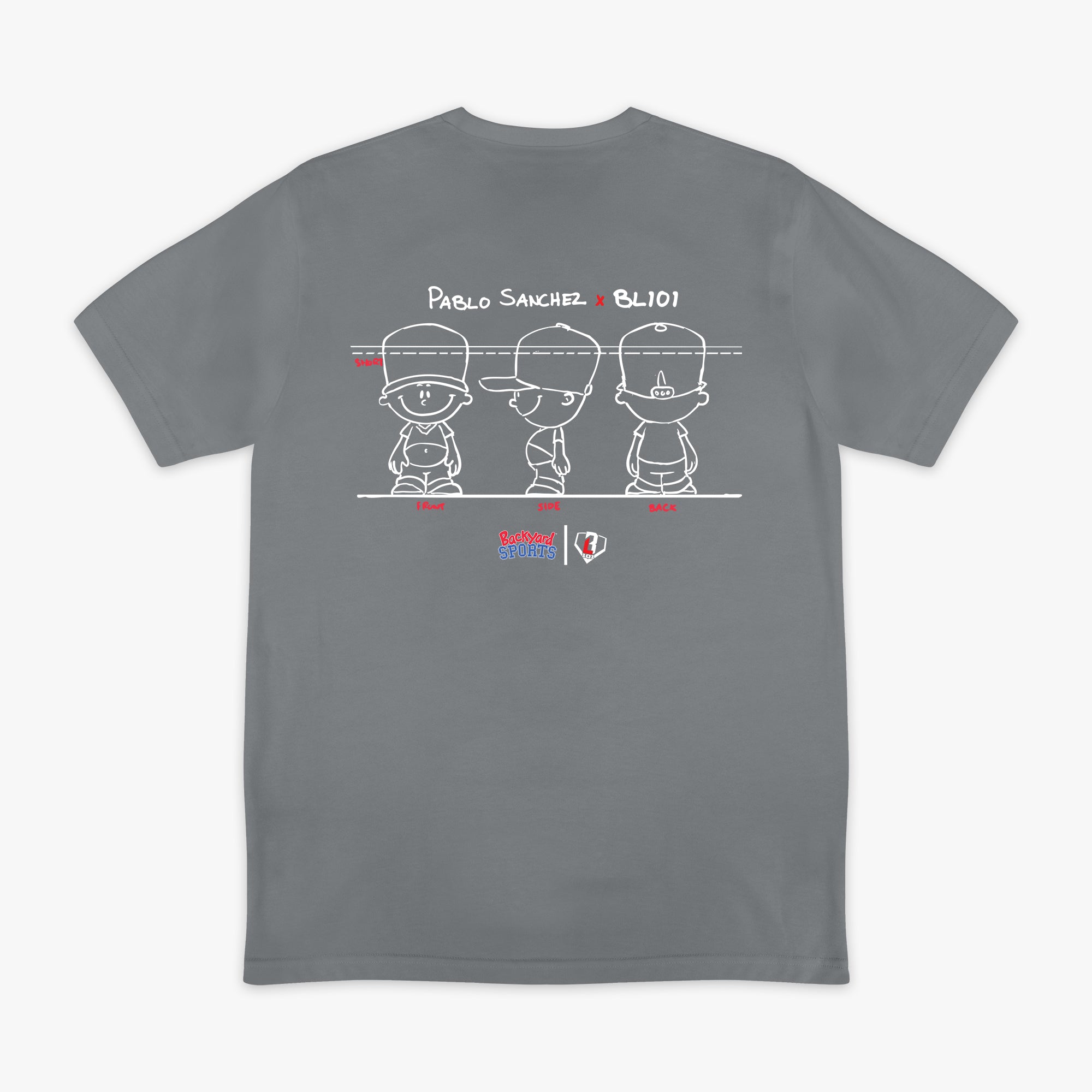 Gray t-shirt with a Pablo Sanchez graphic design on the back featuring 'Pablo Sanchez x BL101' text.