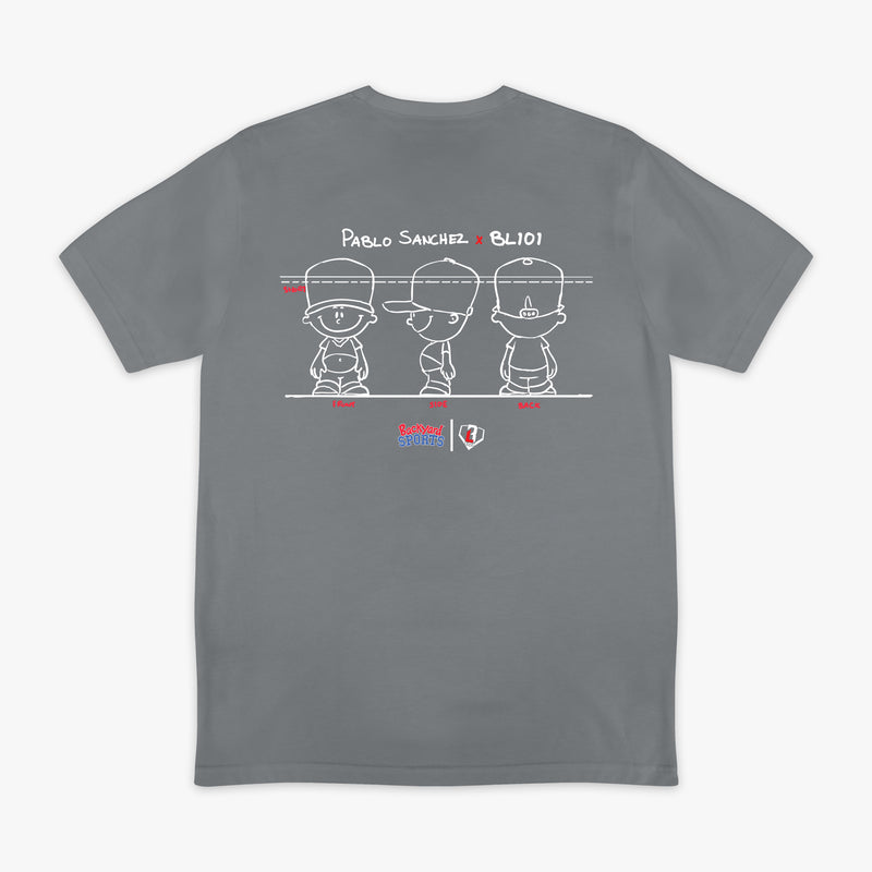 Gray t-shirt with a Pablo Sanchez graphic design on the back featuring 'Pablo Sanchez x BL101' text.