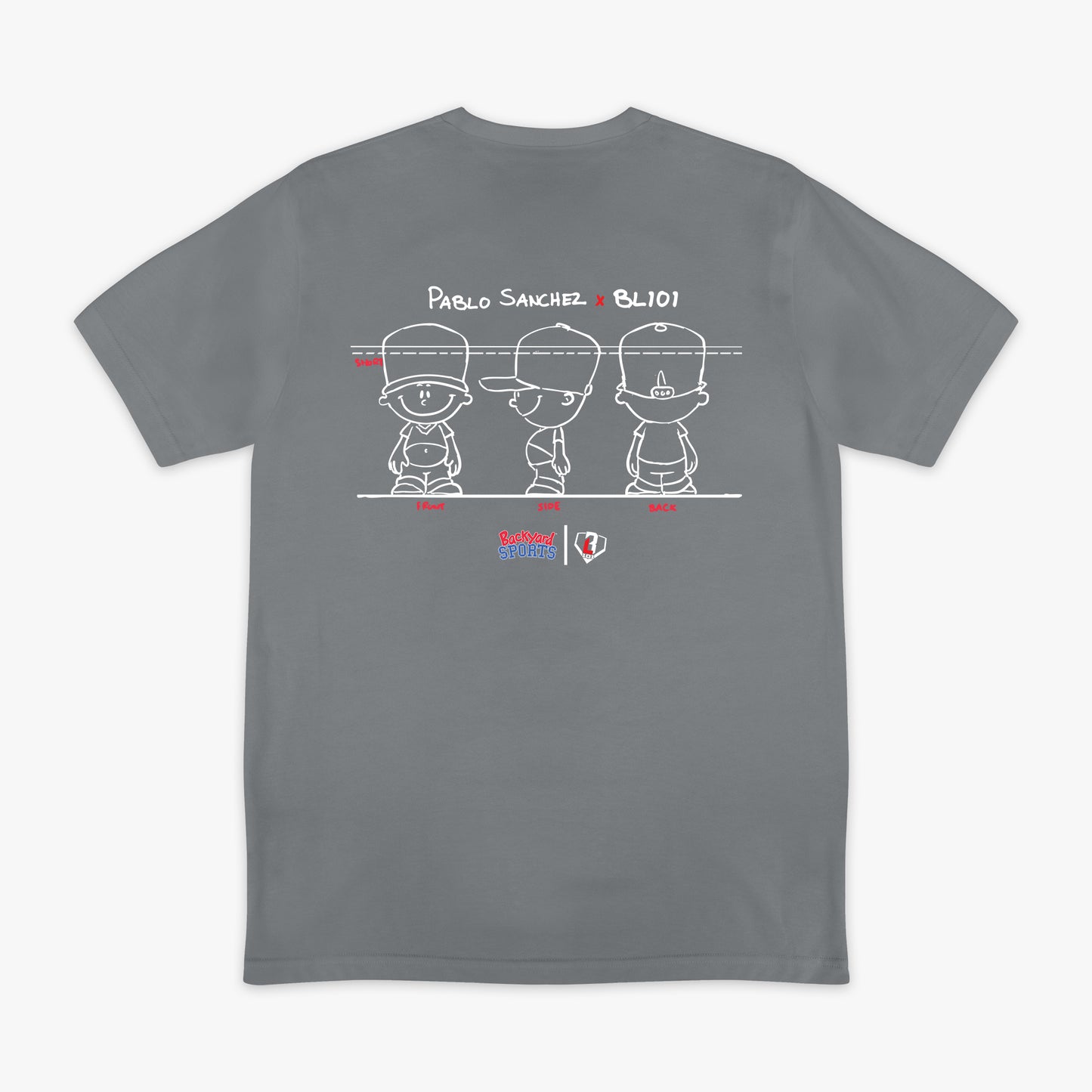 Gray t-shirt with a Pablo Sanchez graphic design on the back featuring 'Pablo Sanchez x BL101' text.