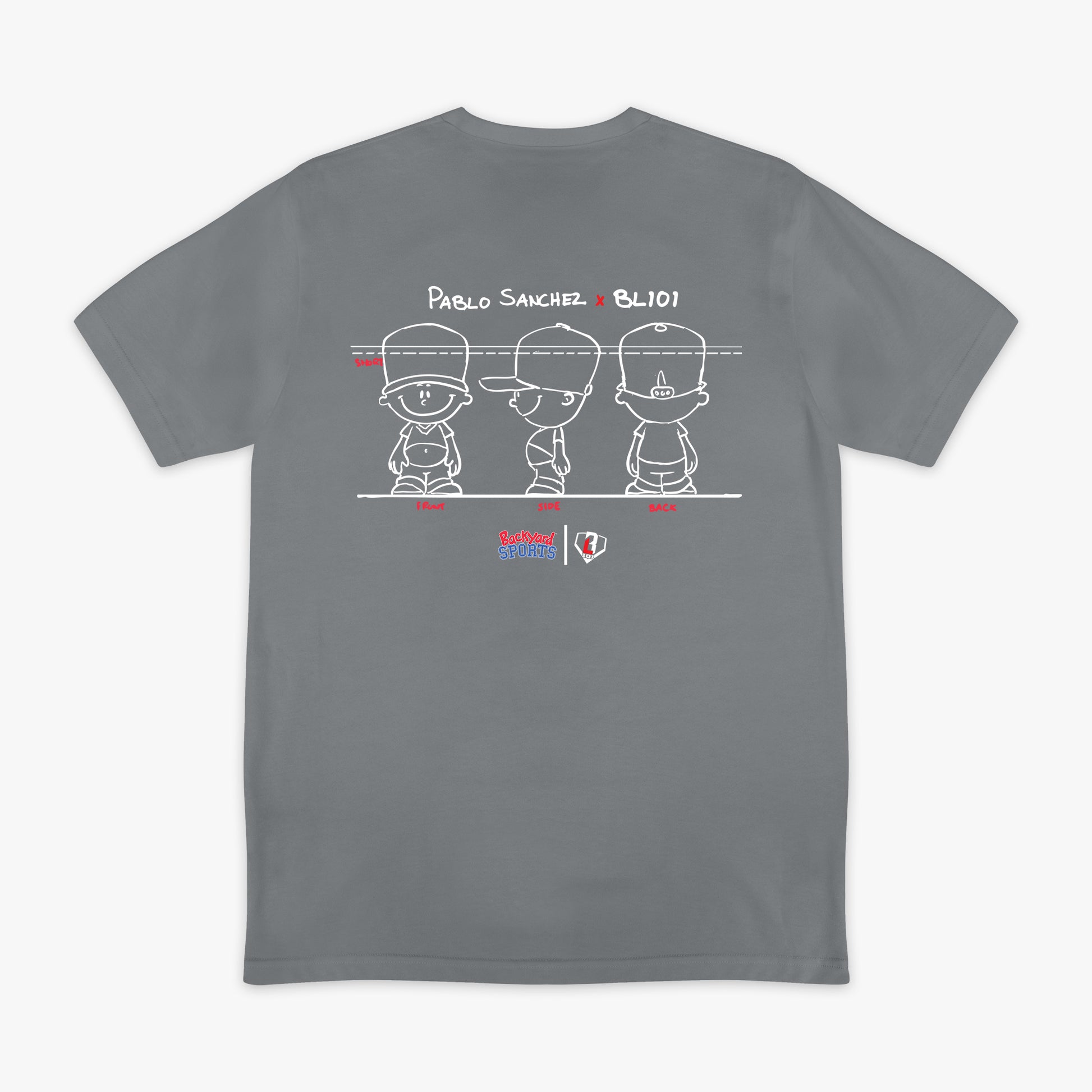 Gray t-shirt with a Pablo Sanchez graphic design on the back featuring 'Pablo Sanchez x BL101' text.