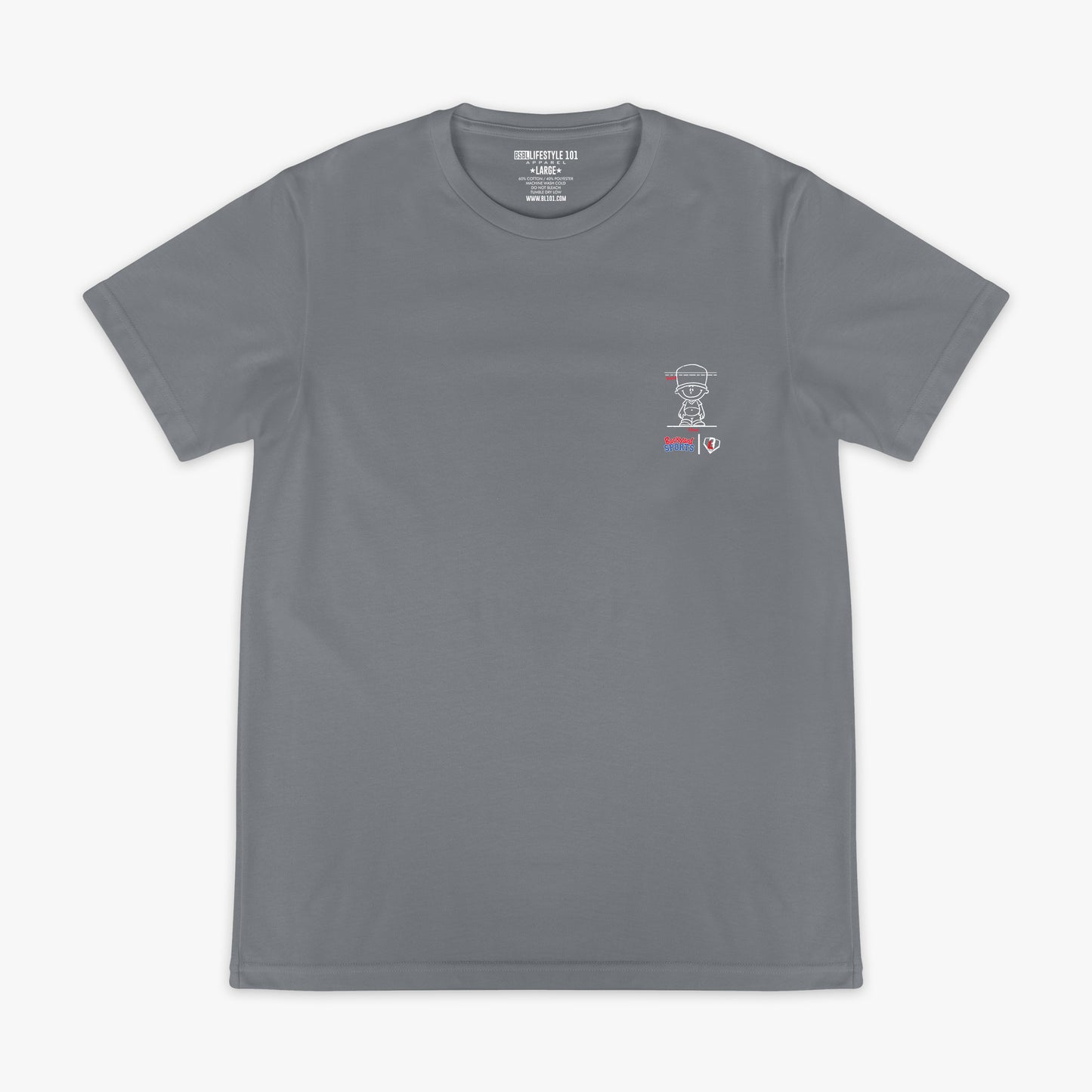 Gray t-shirt with a small Pablo Sanchez graphic on the chest against a white background