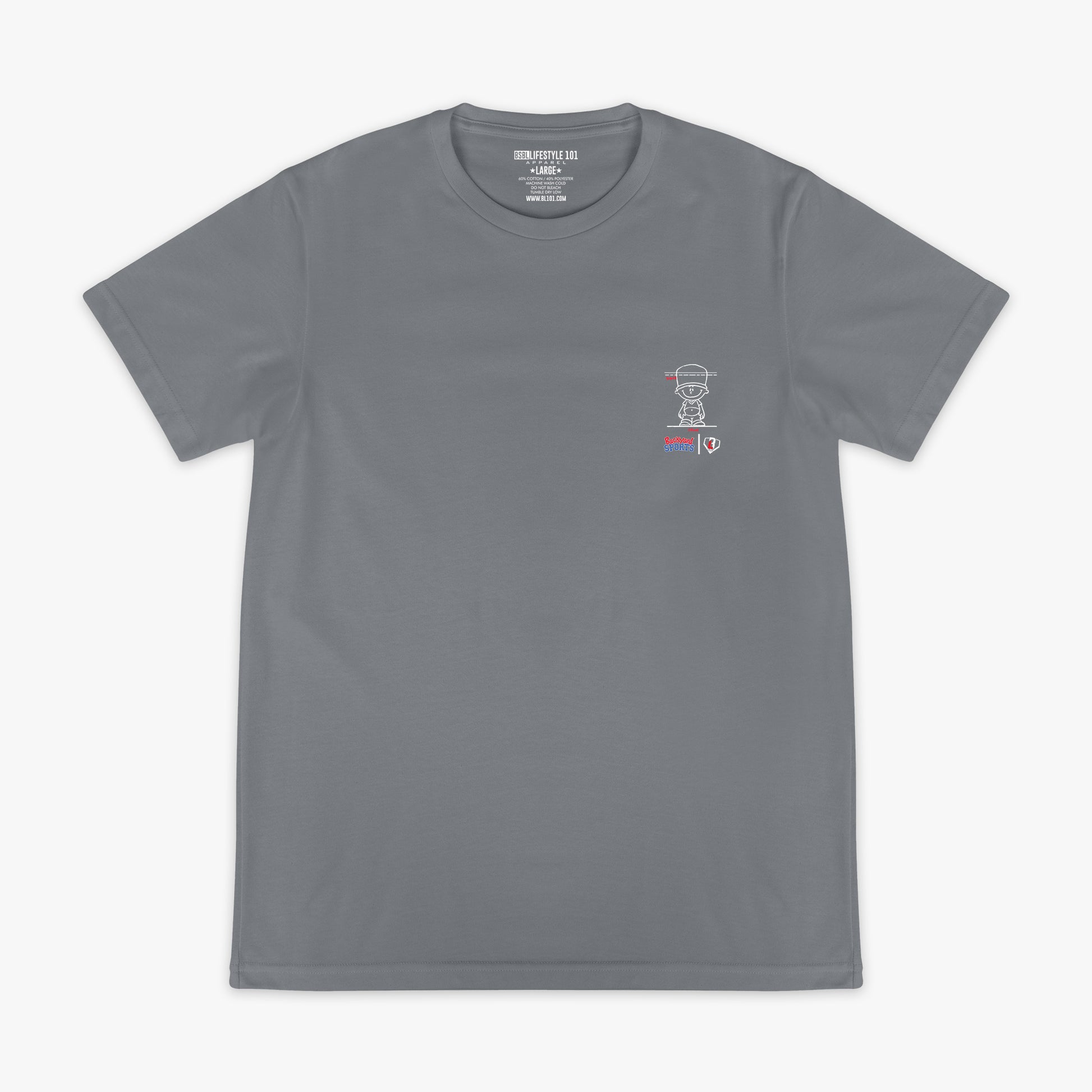 Gray t-shirt with a small Pablo Sanchez graphic on the chest against a white background