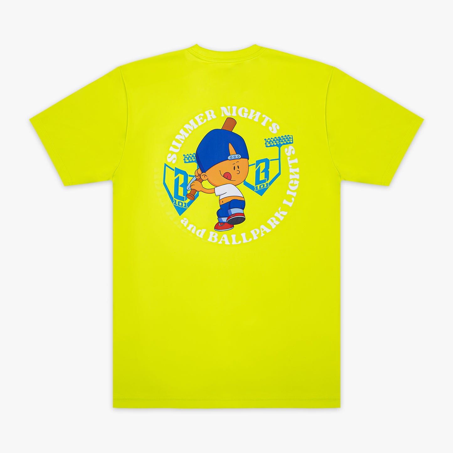 Neon yellow t-shirt with a Pablo Sanchez cartoon design and text on a white background