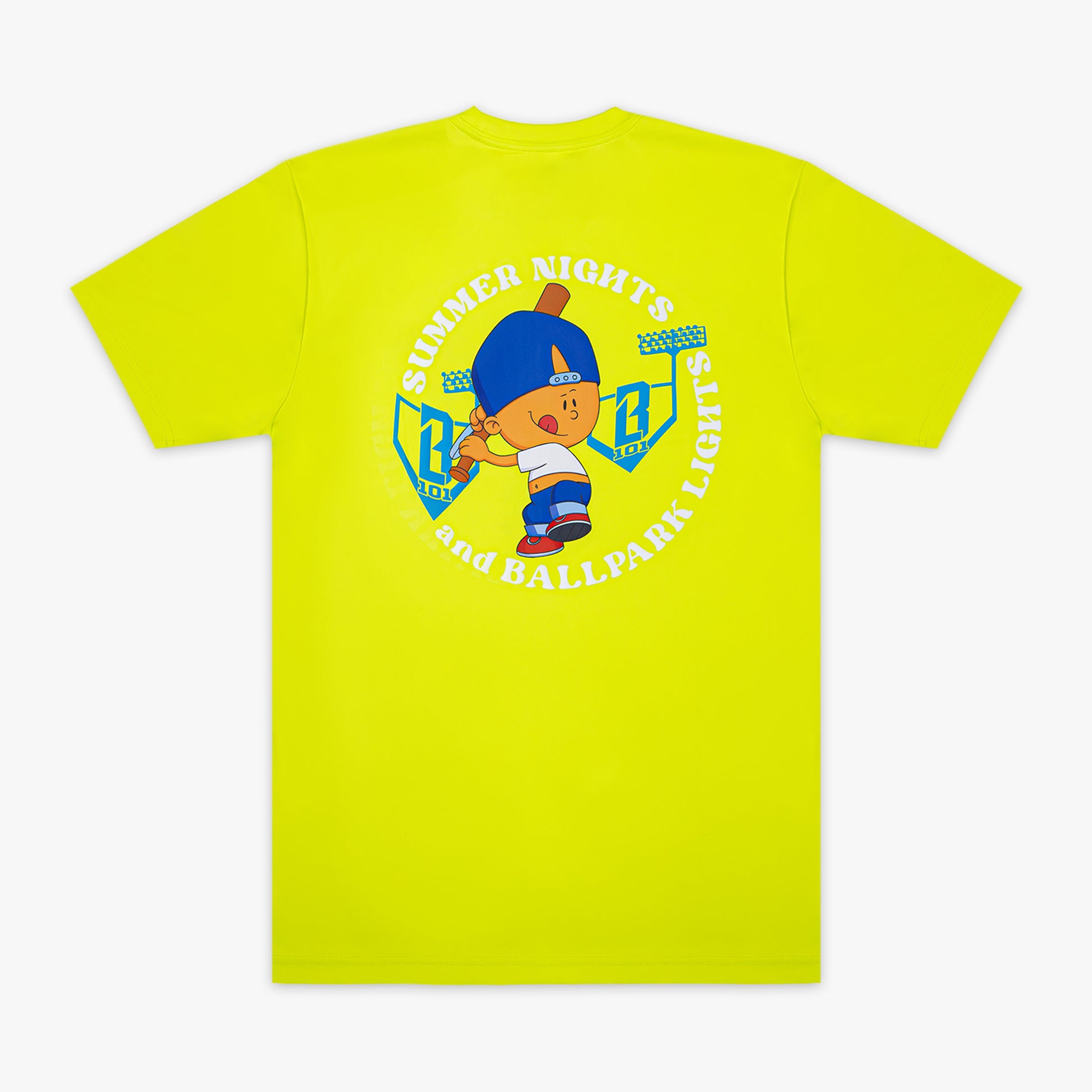 Neon yellow t-shirt with a Pablo Sanchez cartoon design and text on a white background