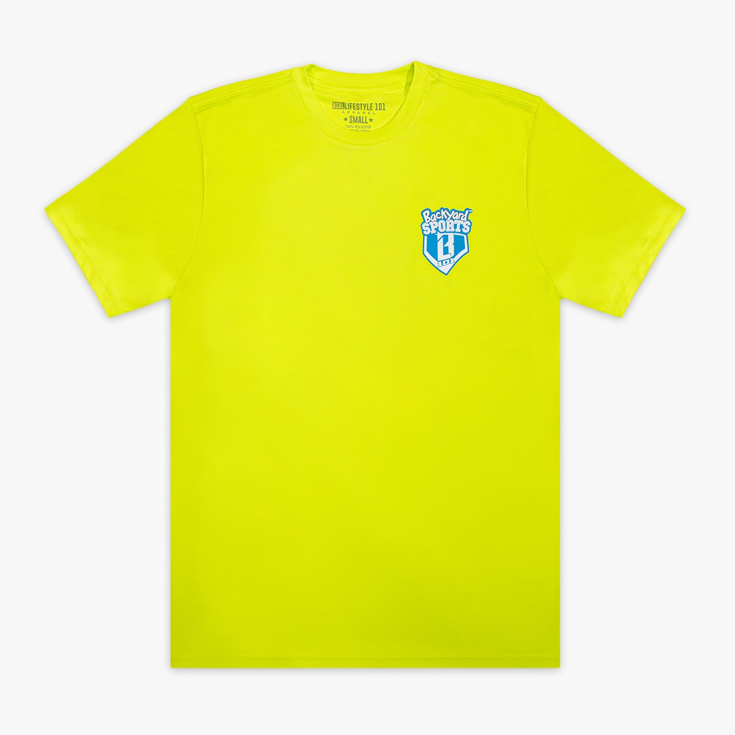 Yellow t-shirt with a BL101 B backyard Sports logo on the chest against a white background