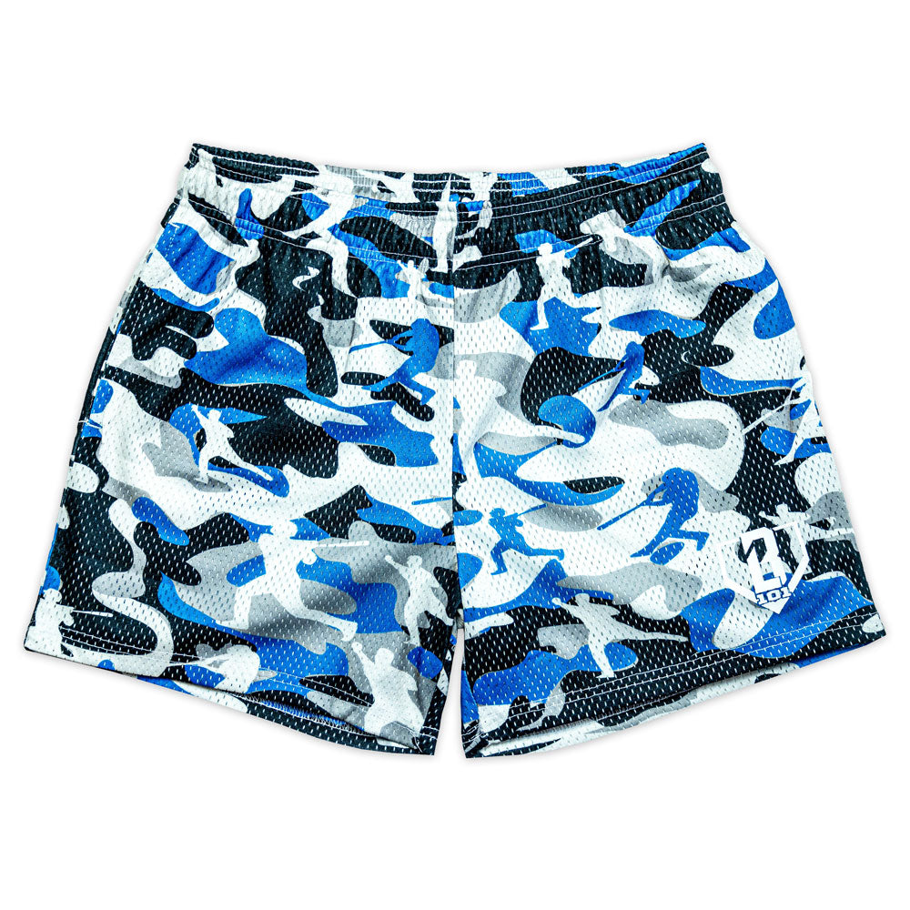 blue camo baseball shorts, blue camo shorts