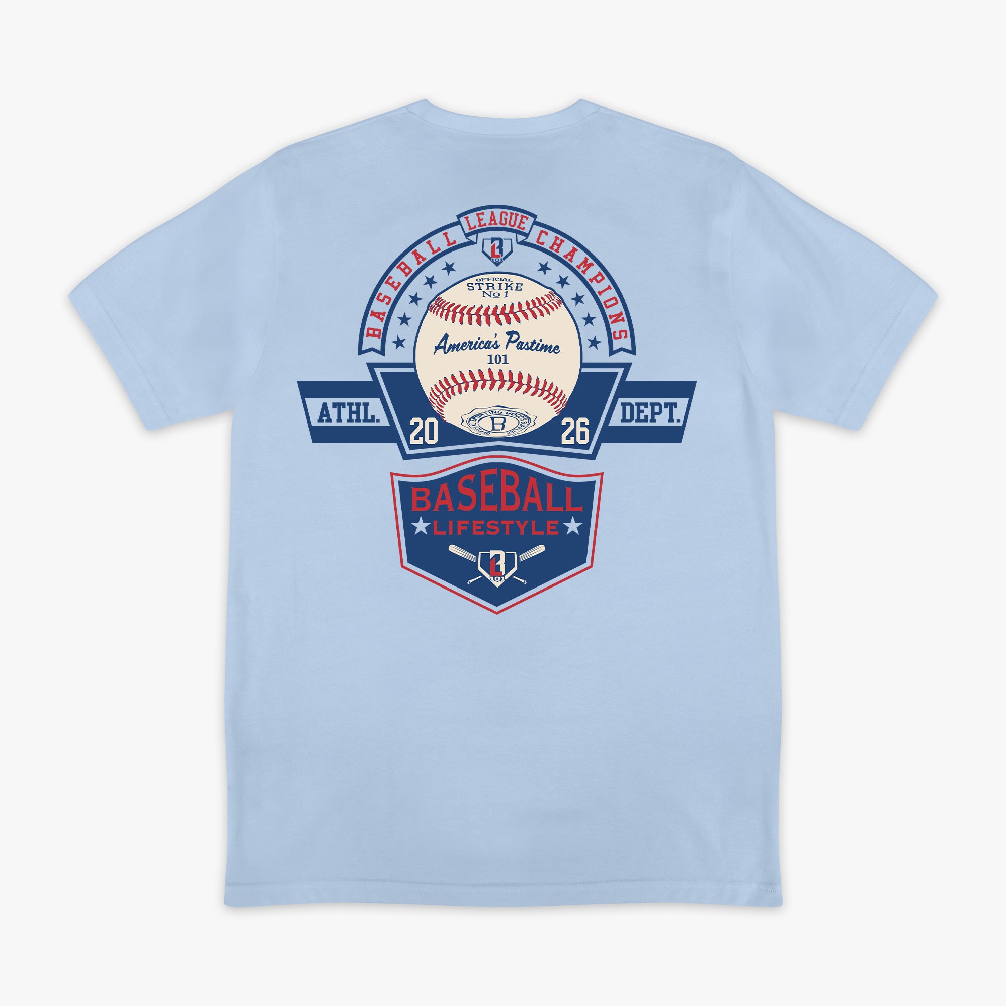 ack flat lay of the BL101 Baseball League Champions light blue tee, featuring a vintage-style "America's Pastime" baseball and Baseball Lifestyle shield graphic on a white background.