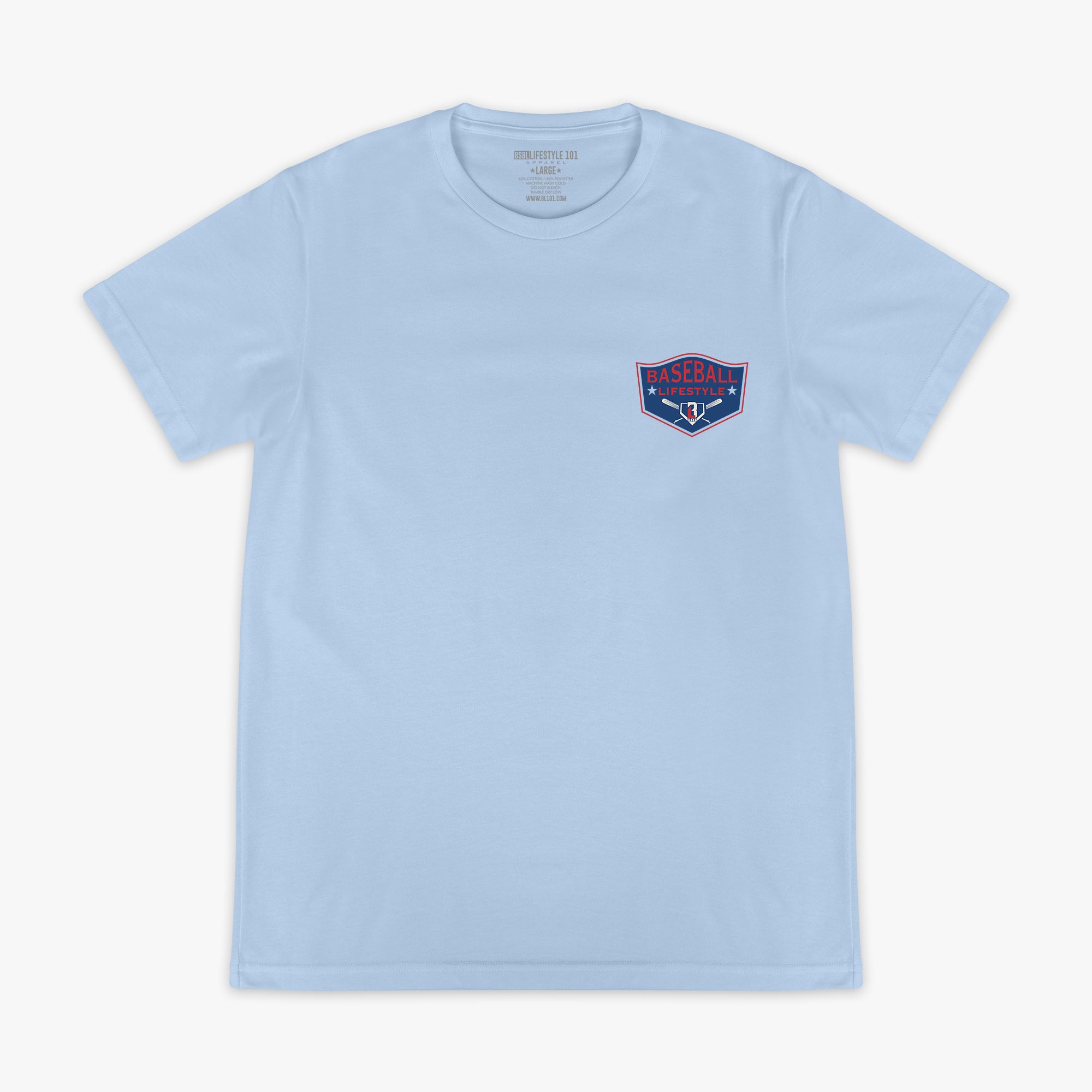 Front flat lay of the BL101 Baseball League Champions light blue tee, showing the Baseball Lifestyle shield chest logo on a white background.