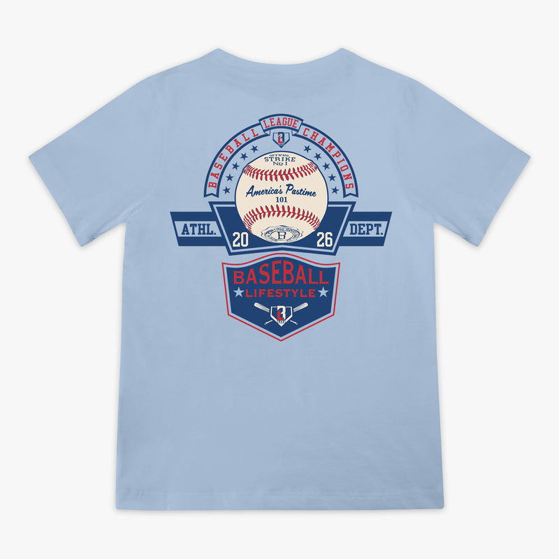 Back flat lay of the BL101 Baseball League Champions light blue tee, featuring a vintage-style "America's Pastime" baseball and Baseball Lifestyle shield graphic on a white background.