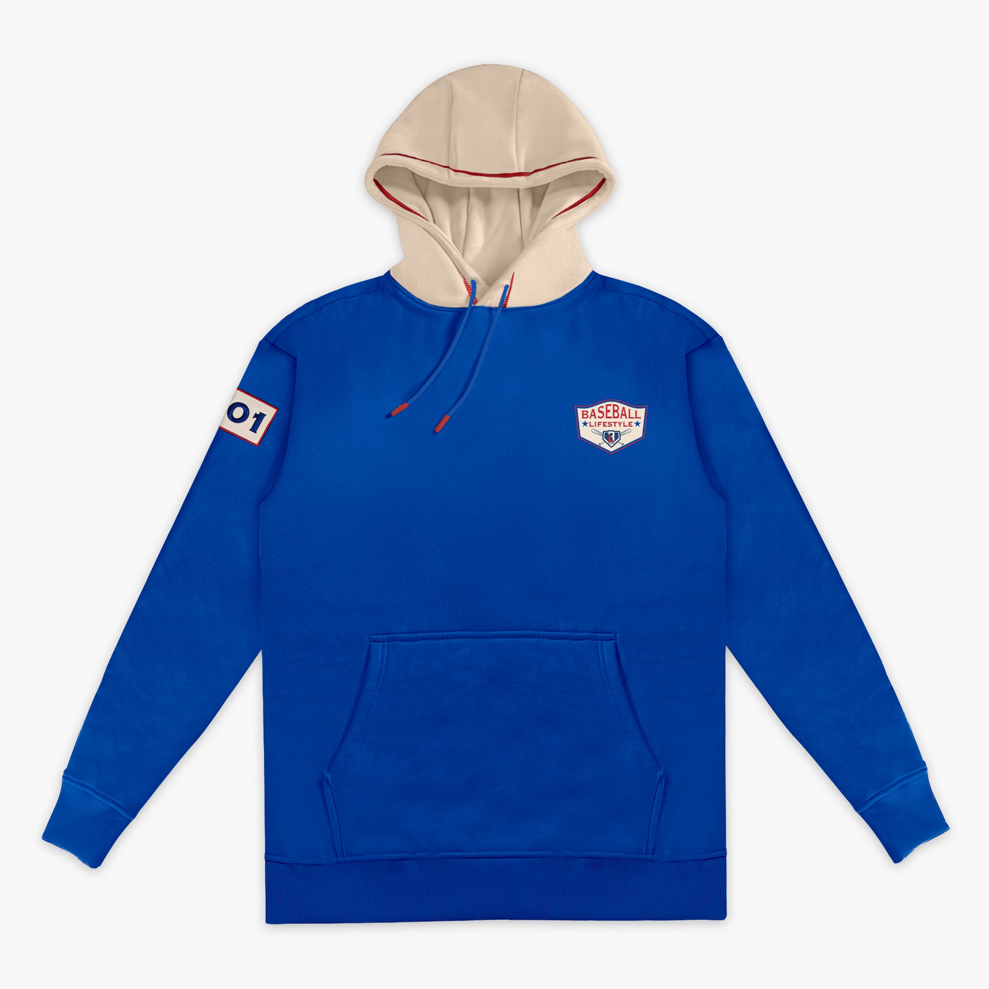 Royal blue hoodie with a cream hood, showing the Baseball Lifestyle shield chest logo, sleeve patch, and red drawstring on a white background.