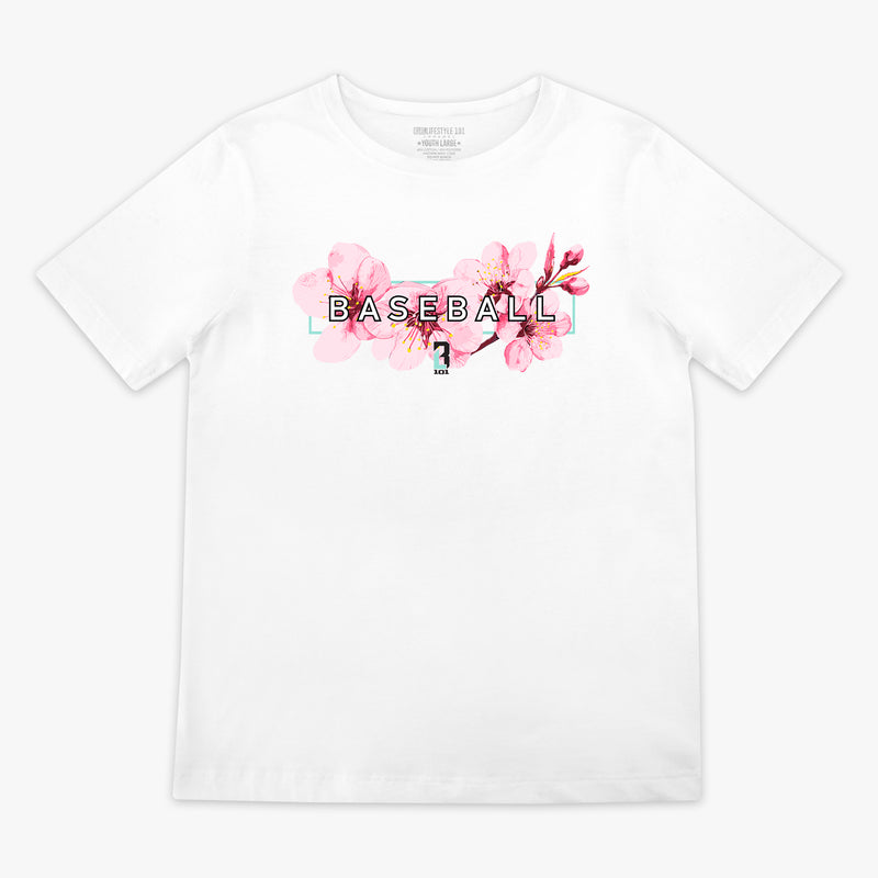 White BL101 tee with a pink cherry blossom graphic and "Baseball" block lettering on the chest, flat lay front view
