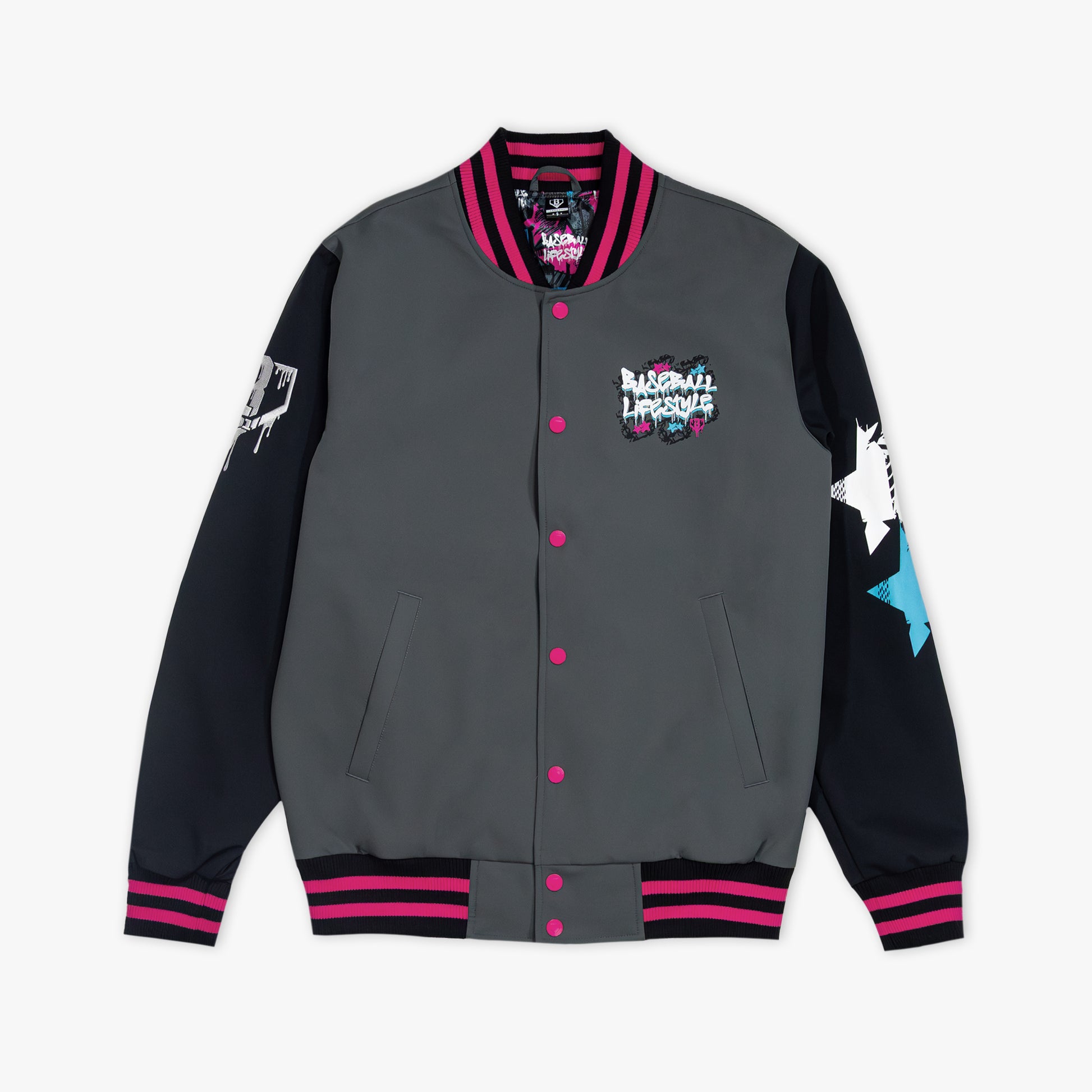 Gray and black varsity jacket with pink accents on a white background