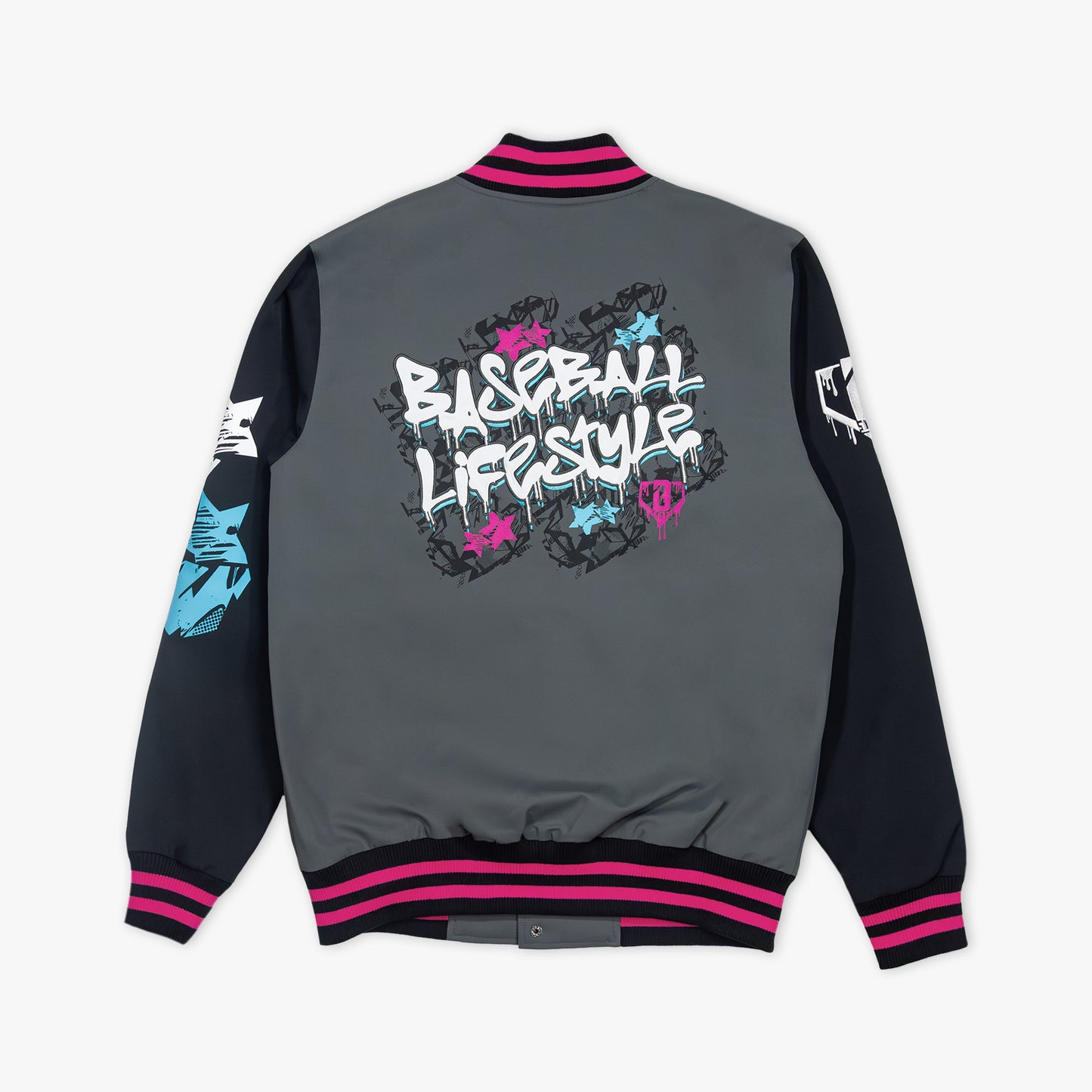 Gray and black varsity jacket with colorful Baseball Lifestyle text on a white background