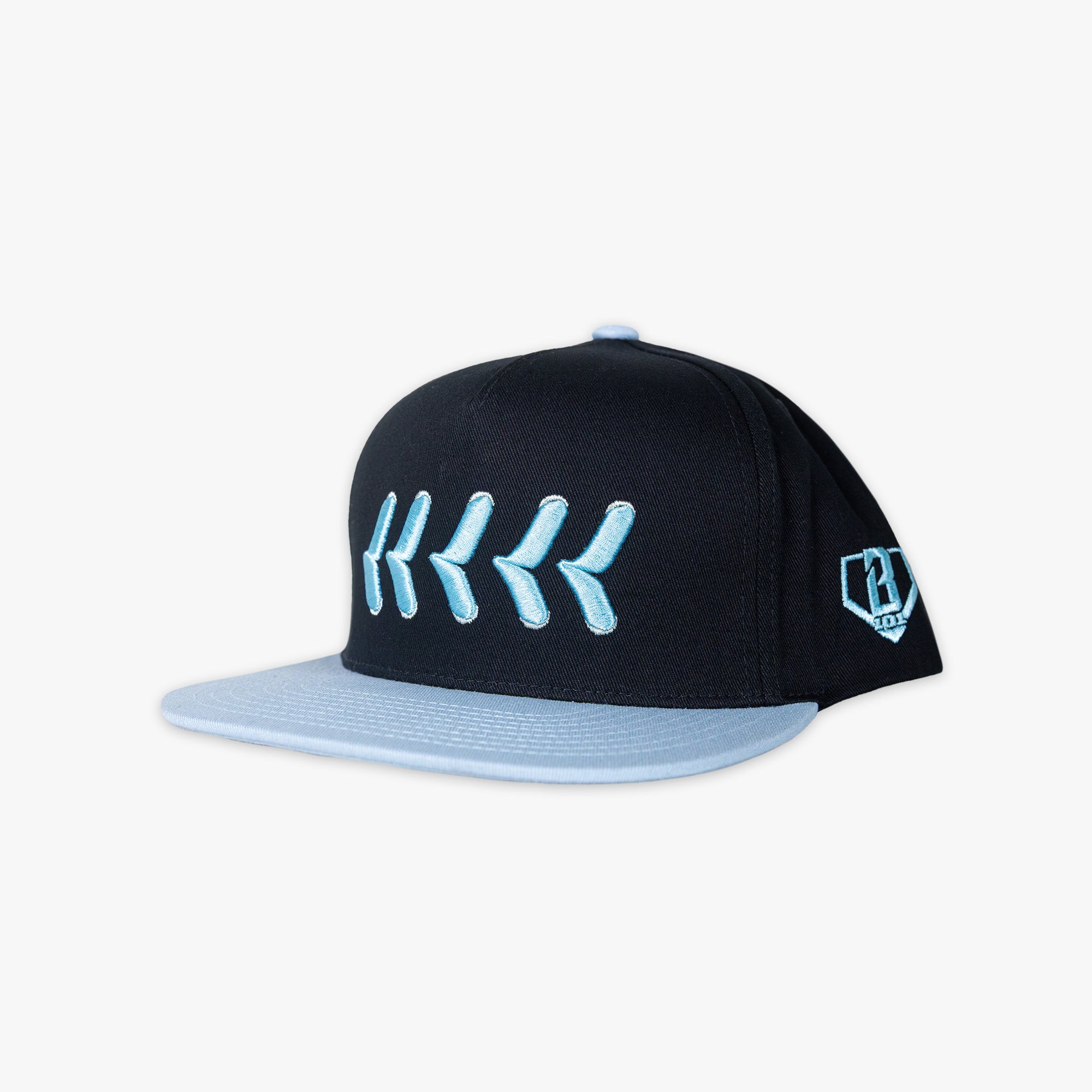 Black and light blue baseball cap with light blue BL101 logo on a white background