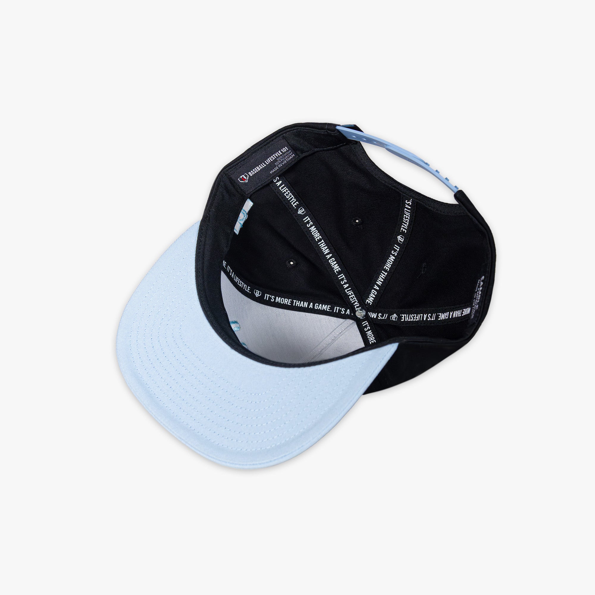 Black and light blue cap with 'Baseball Lifestyle 101' tag on a white background