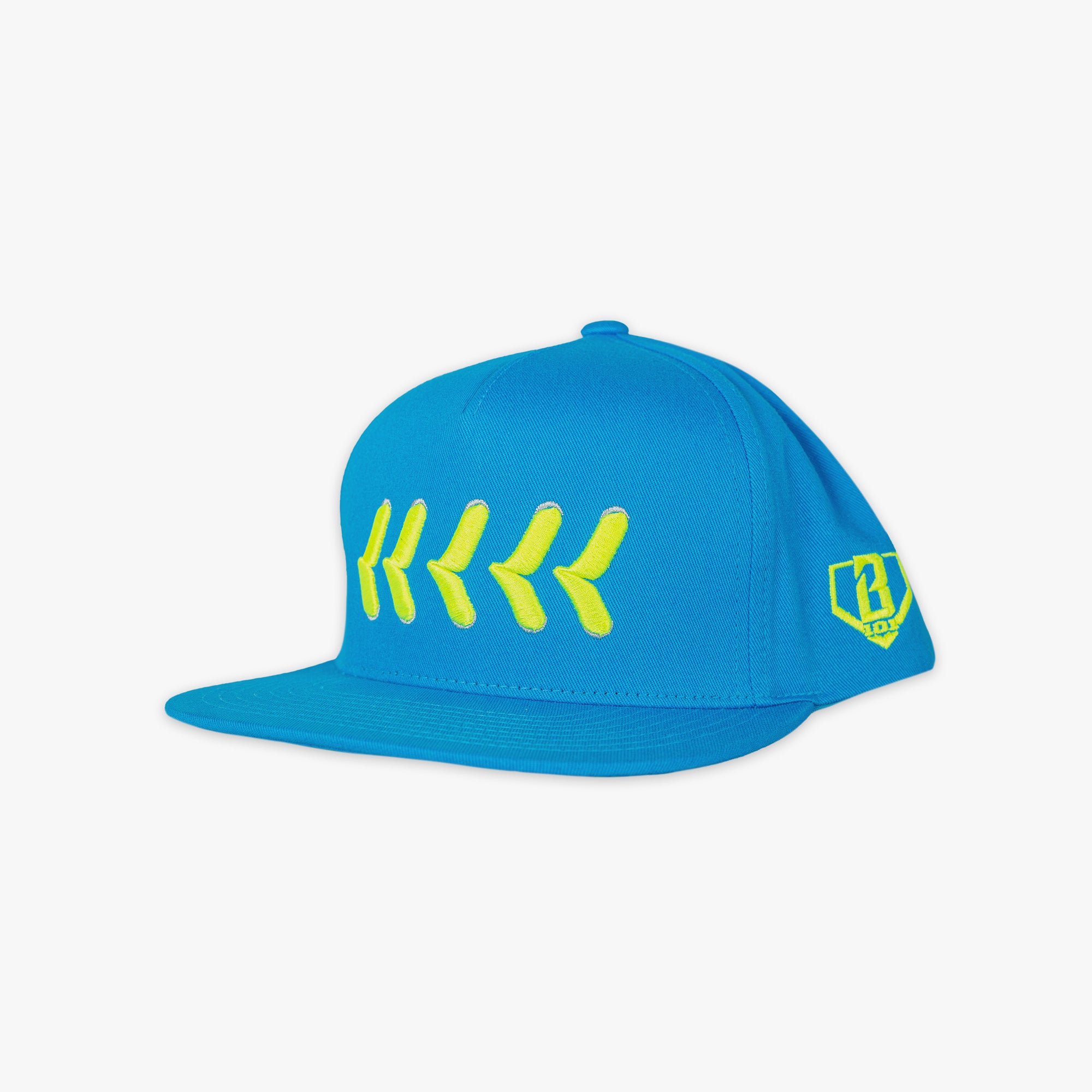 Blue cap with yellow stitching and logo 