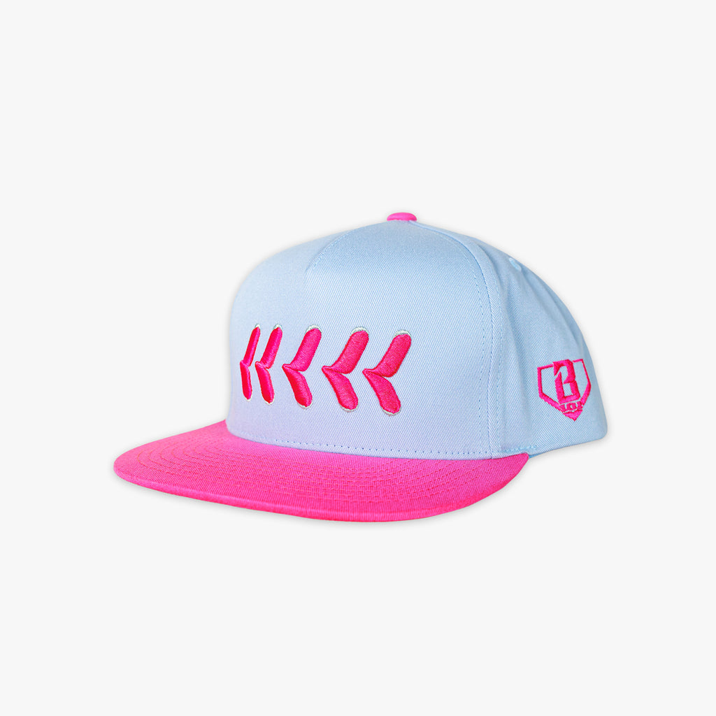 Light blue and pink cap with baseball logo on a white background