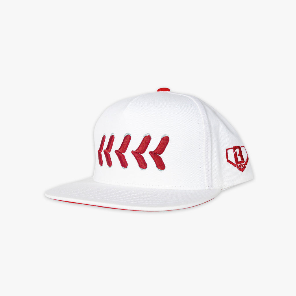 White cap with red logo on a white background