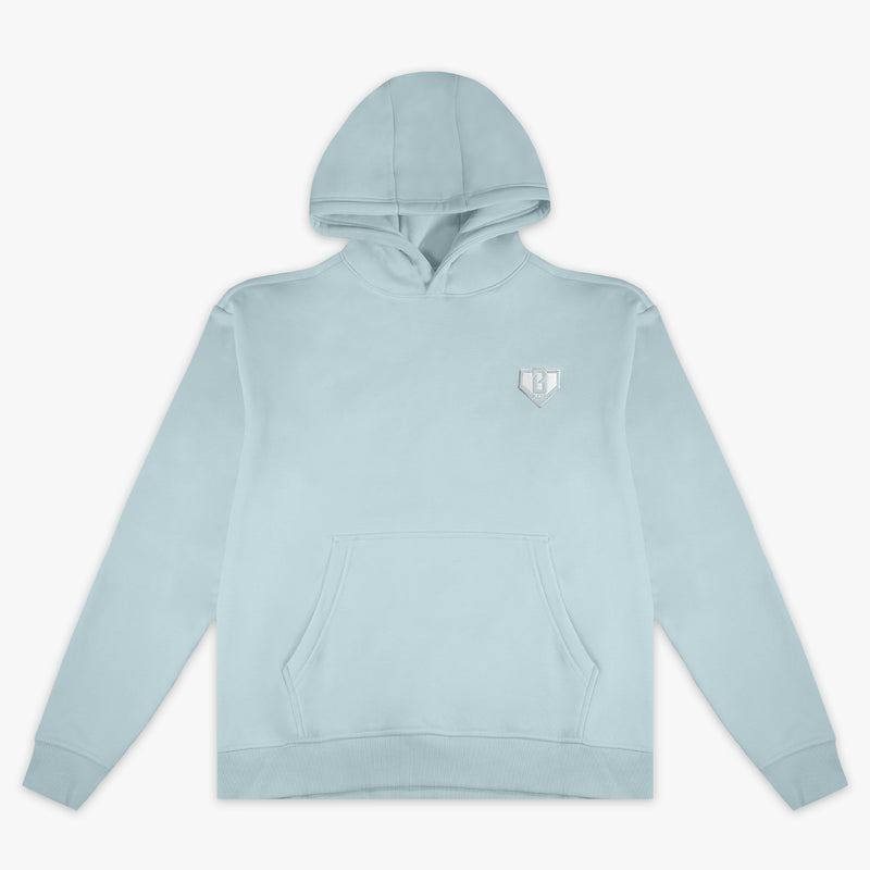 Blue Baseline youth hoodie — front view