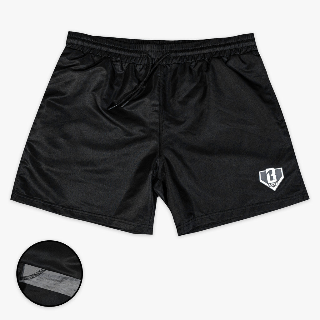 Black shorts with a BL101 logo on a white background