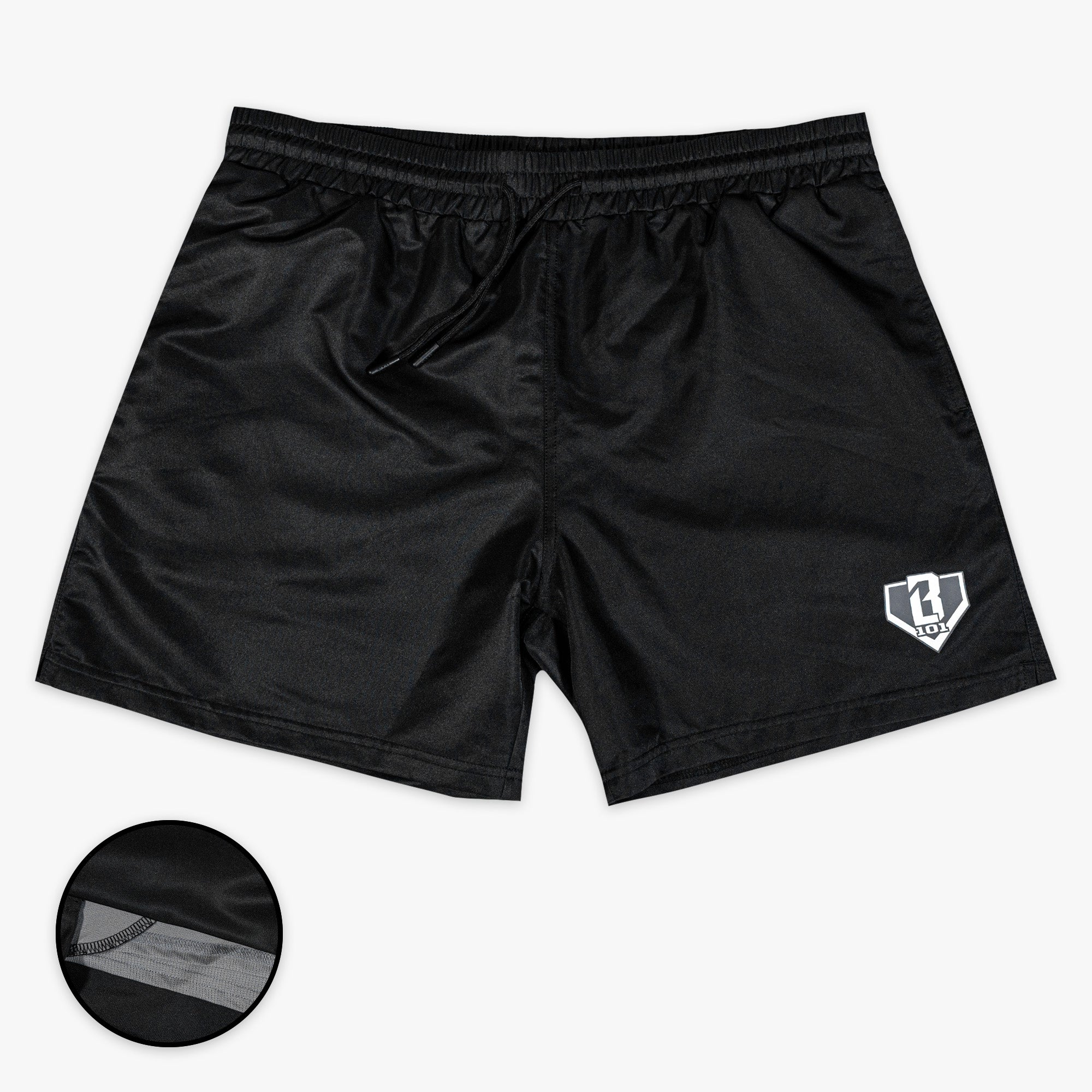 Black shorts with a BL101 logo on a white background