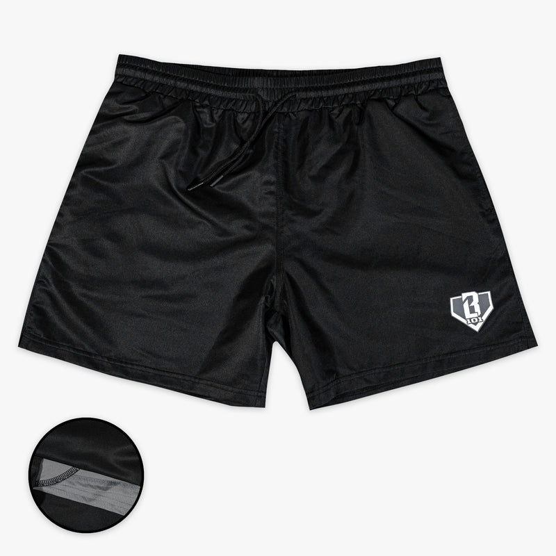 Black shorts with a BL101 logo on a white background