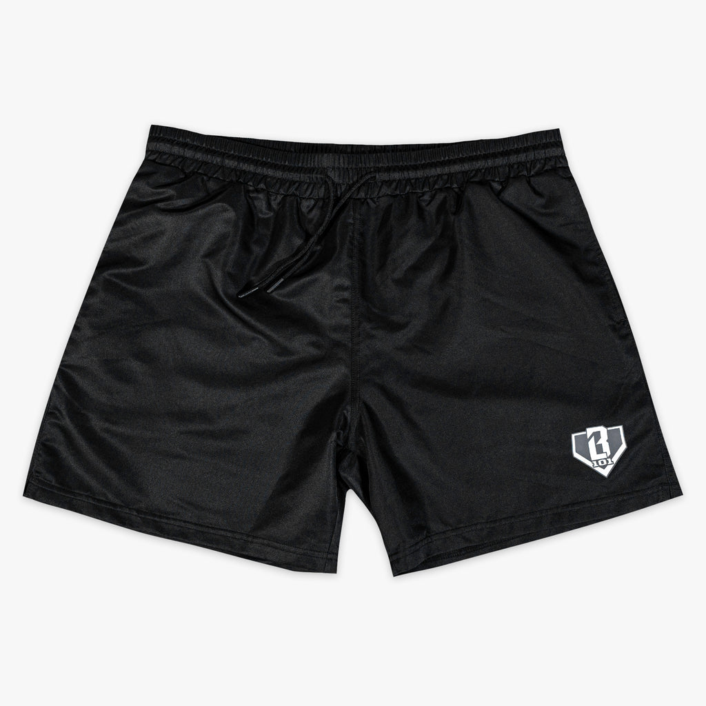 Black shorts with a BL101 logo on a white background