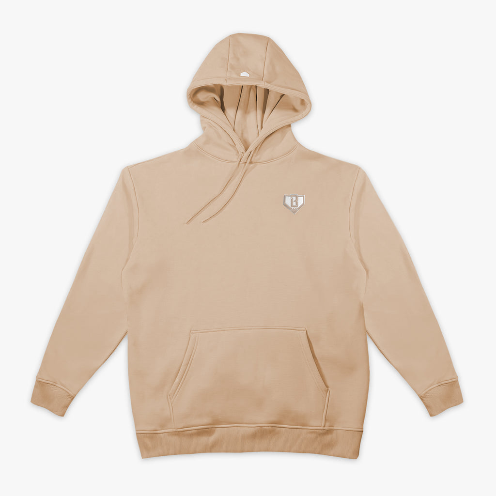 Beige hoodie with a BL101 logo on a white background