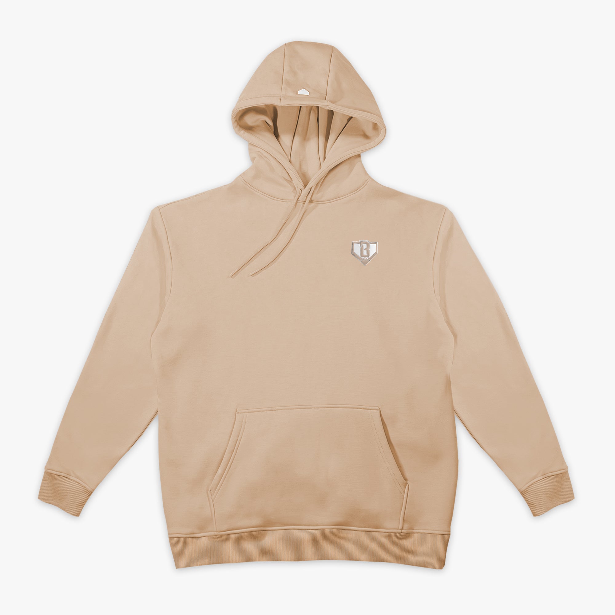 Beige hoodie with a BL101 logo on a white background