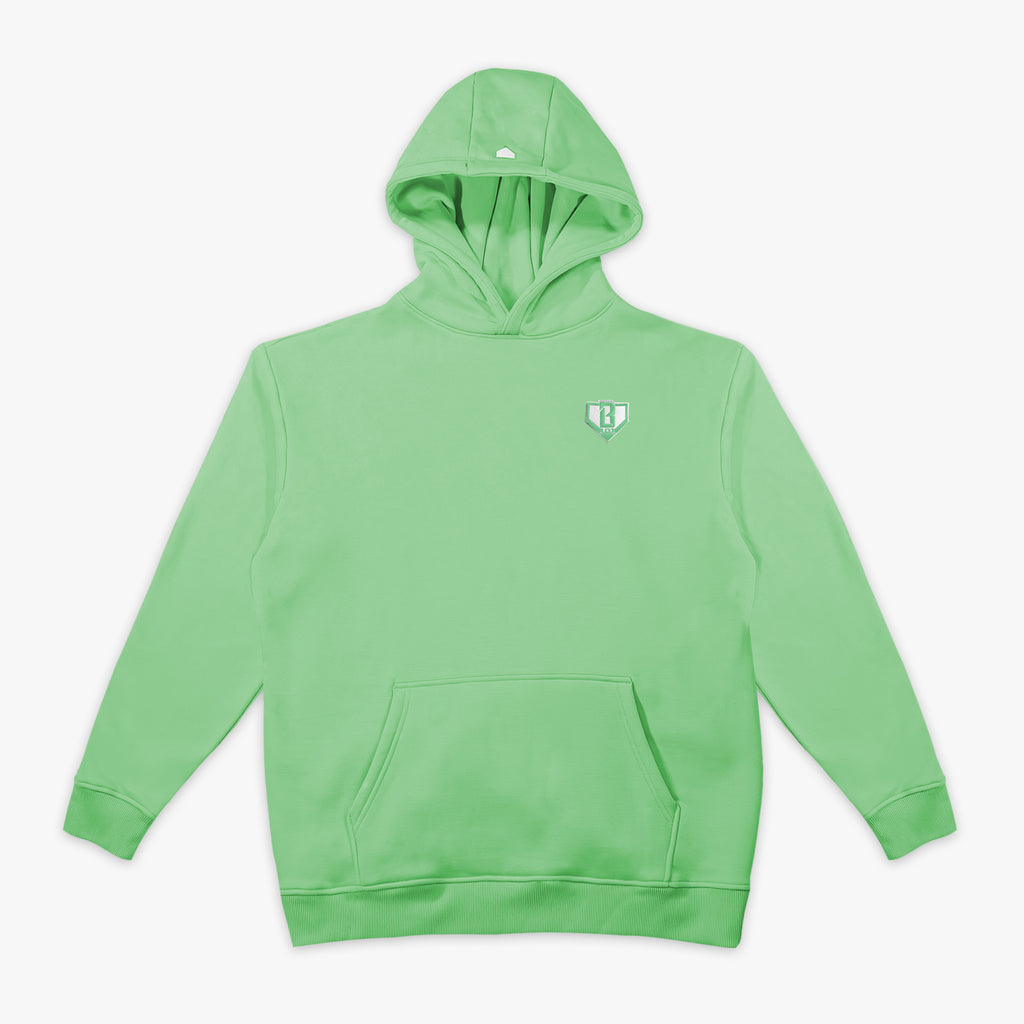 Green hoodie with a small BL101 logo on a white background